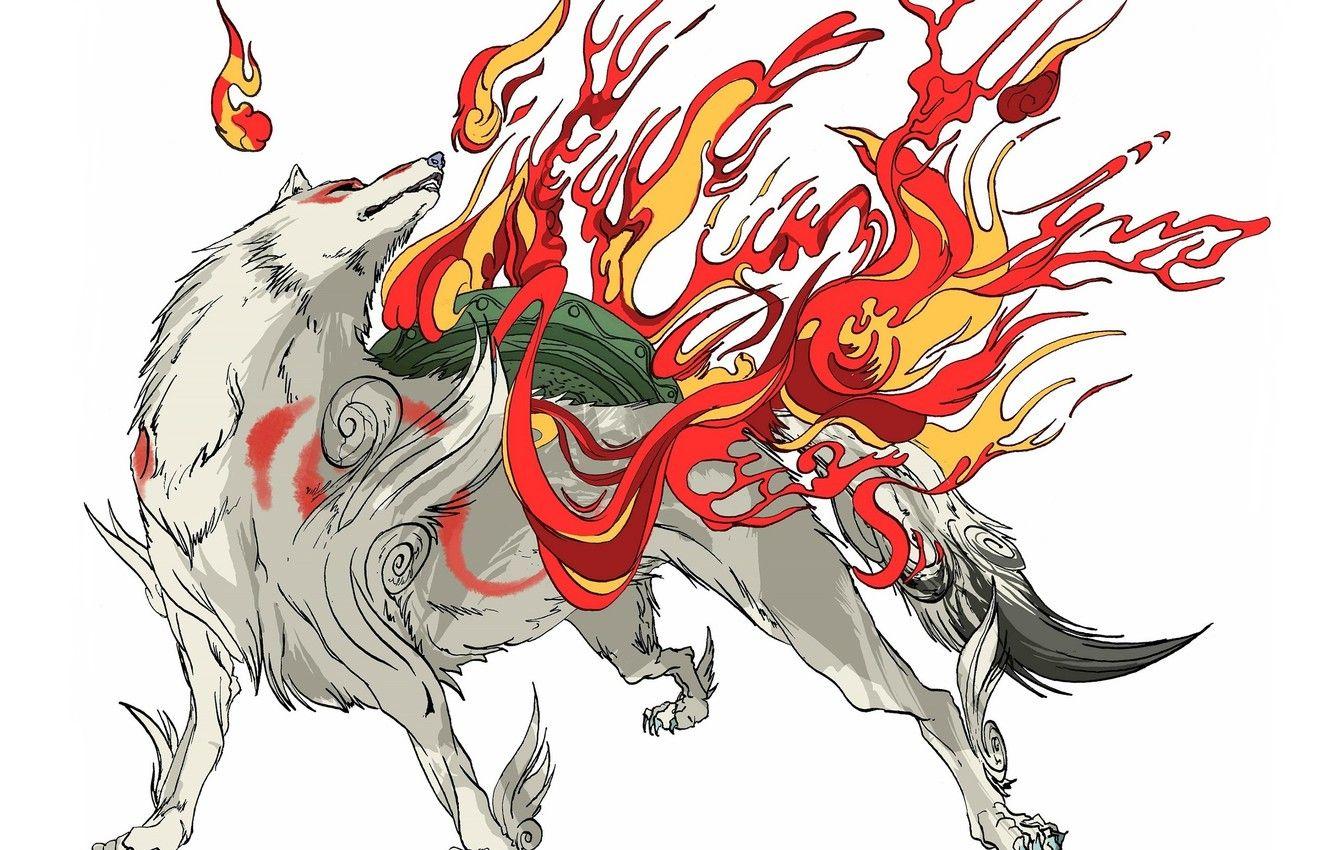 1332x850 Wallpaper white, background, flame, wolf, claws, deity, Okami, Amaterasu image for desktop, section игры