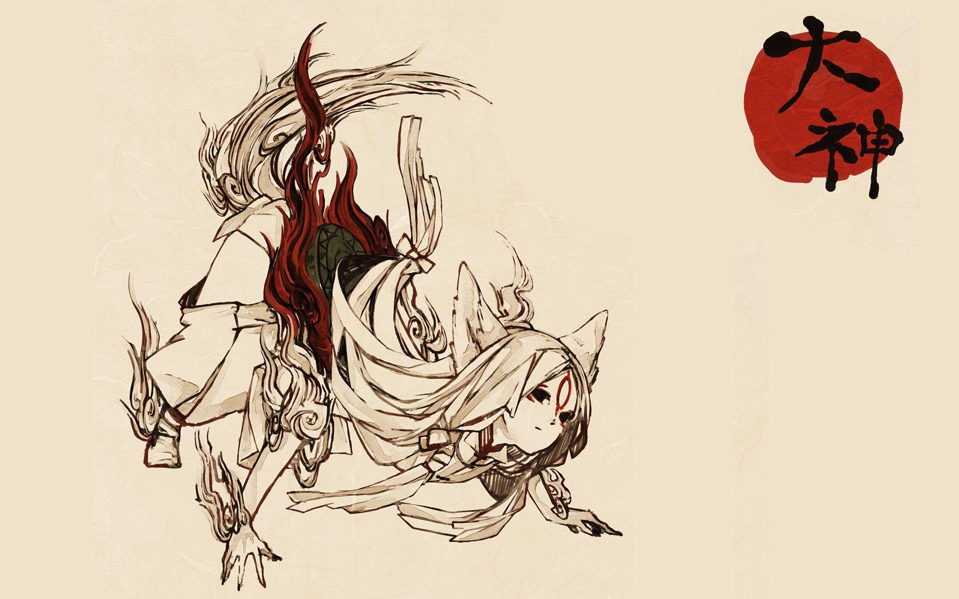1920x1200 fire, Okami, white hair, simple background, anime girls, facial mark, Amaterasu, brown background, Japanese characters wallpaper