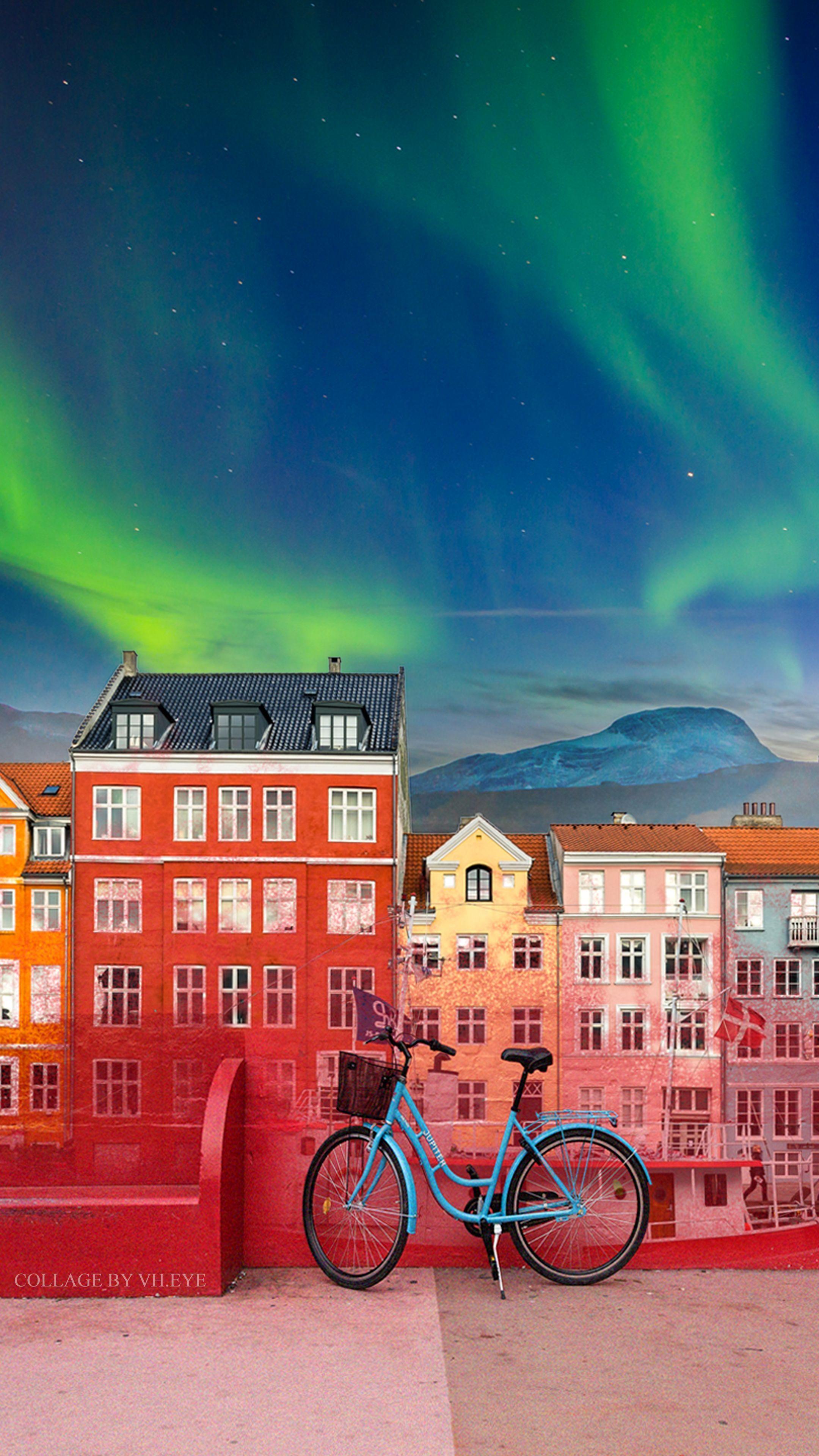 2160x3840 Denmark, Red Paint, Red Boats, Blue Bicycles Poster Illustration Wallpaper iPhone / Android -. Digital collage art, Northern lights (aurora borealis), Collage art