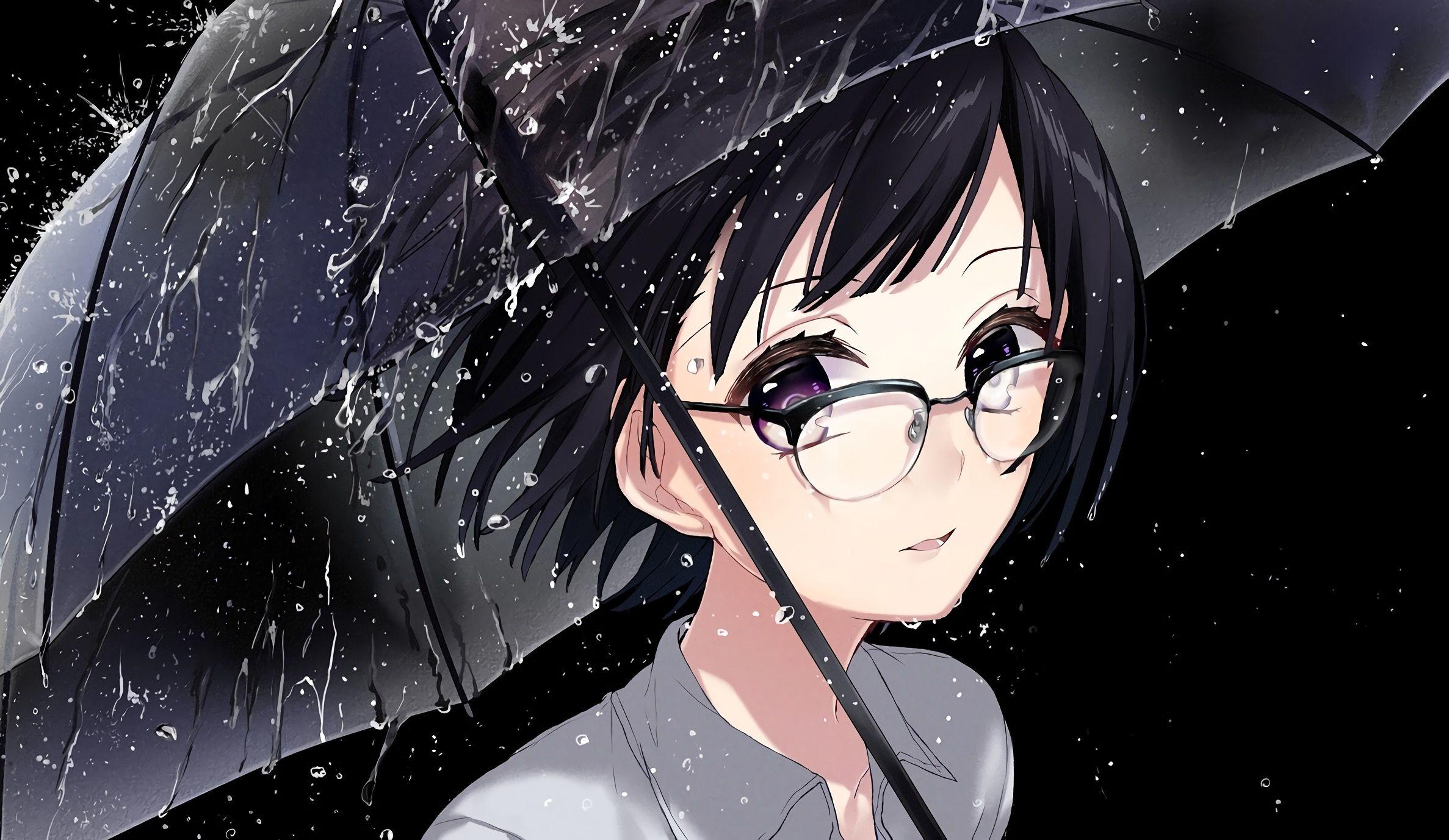 2374x1378 Anime girl for desktop meganekko raining glasses short hair wallpaperx1378