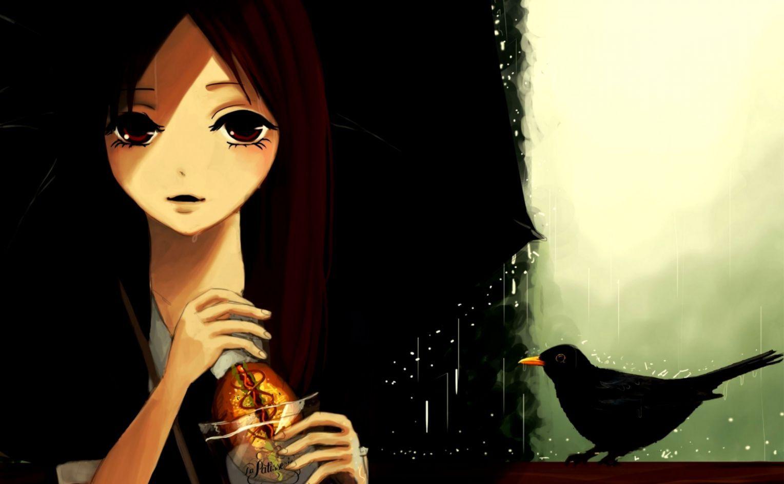 1528x945 Wallpaper Quality: Art Girl Umbrella Rain Bird HD Wallpaper