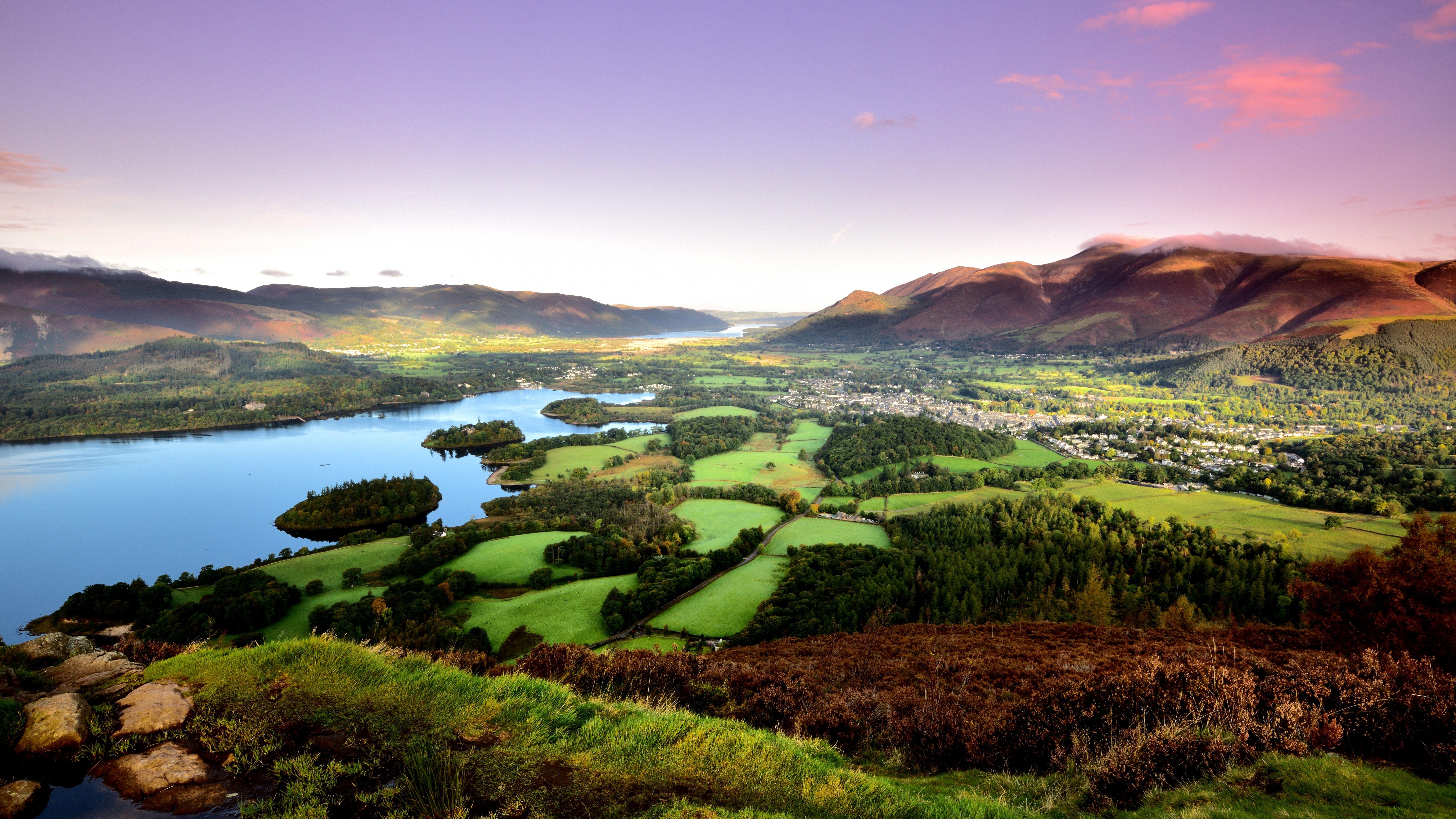 7680x4320 Wallpaper Keswick, mountains, lake, field, trees, 8k, Nature