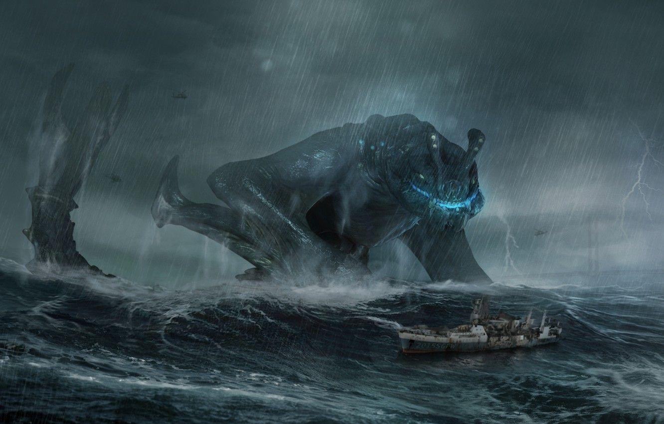 1332x850 Wallpaper sea, the storm, wave, storm, rain, ship, monster, storm, giant, pacific rim, gull, Otachi image for desktop, section фильмы