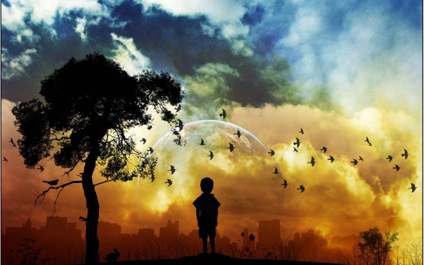 1440x900 3D Little Lonely Boy With Joyful Sky And Birds Wallpaper and Abstract Wallpaper. All is Wall
