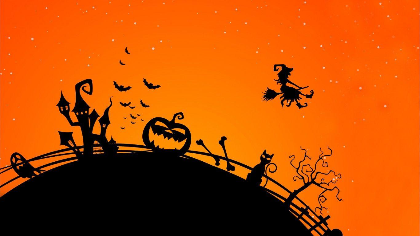 1366x768 Wallpaper Halloween Pumpkin, Castle, Bats, Halloween Witch, HD, 4K