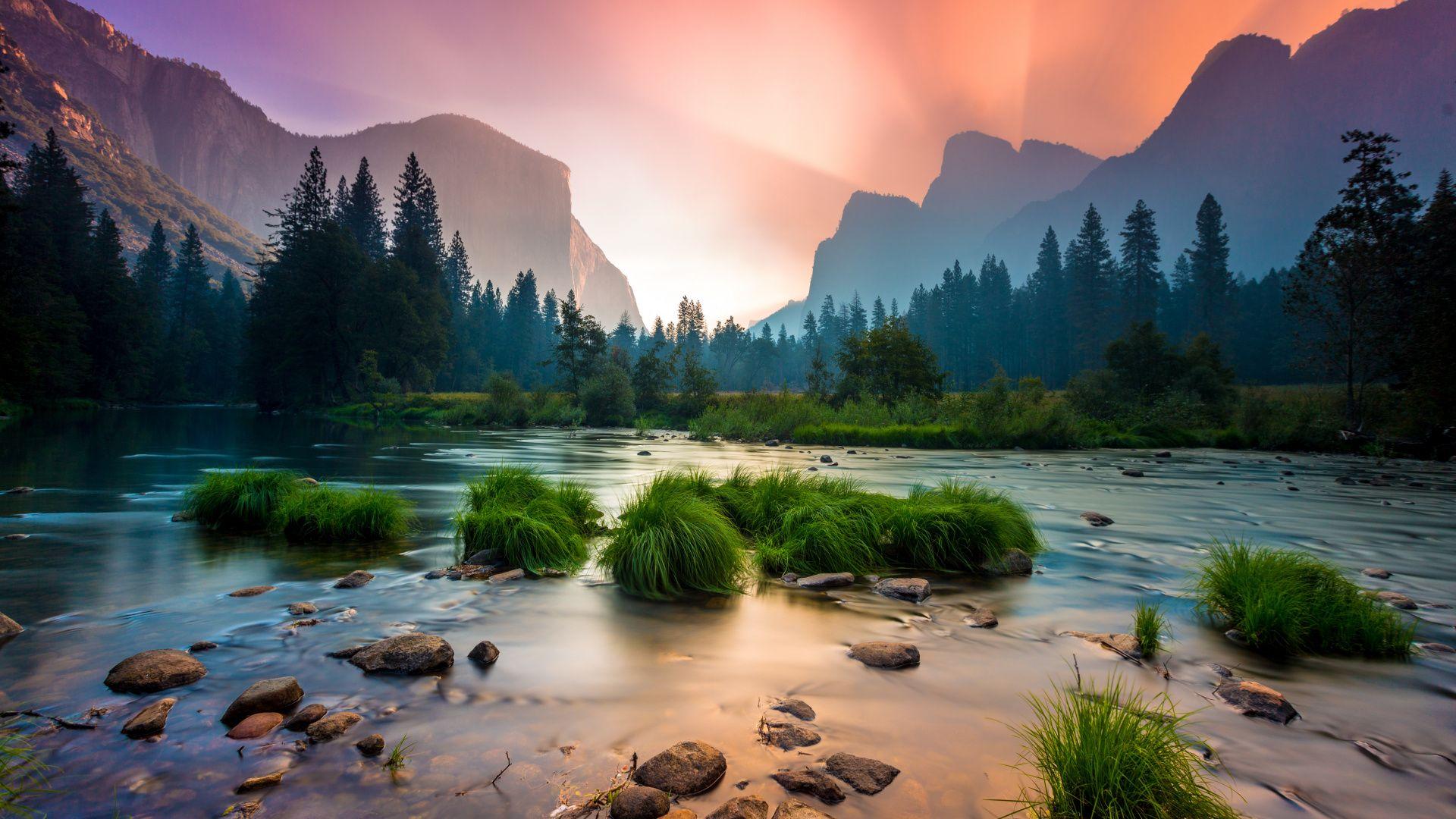1920x1080 Download Sunrise, Yosemite National Park, stream, mountains wallpaper, 1920x Full HD, HDTV, FHD, 1080p