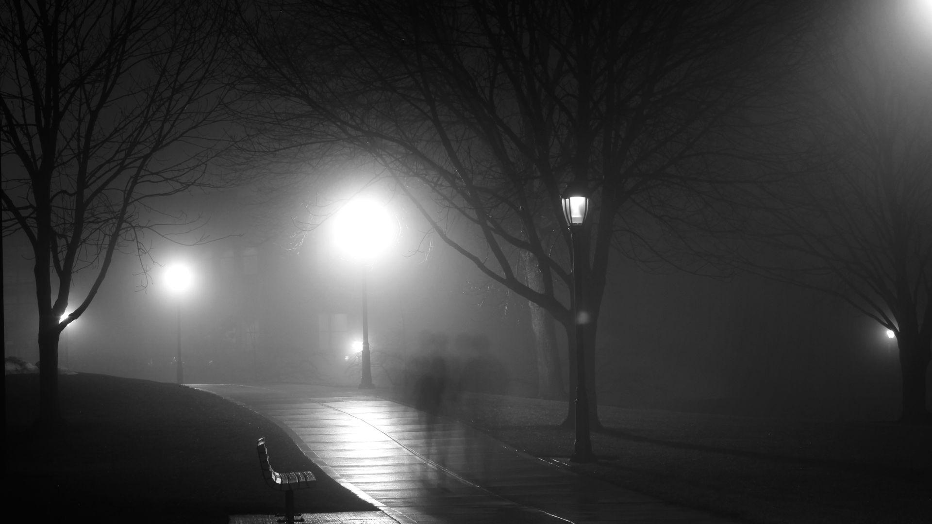 1920x1080 Ghost Night Park Street Black and White View Wallpaper