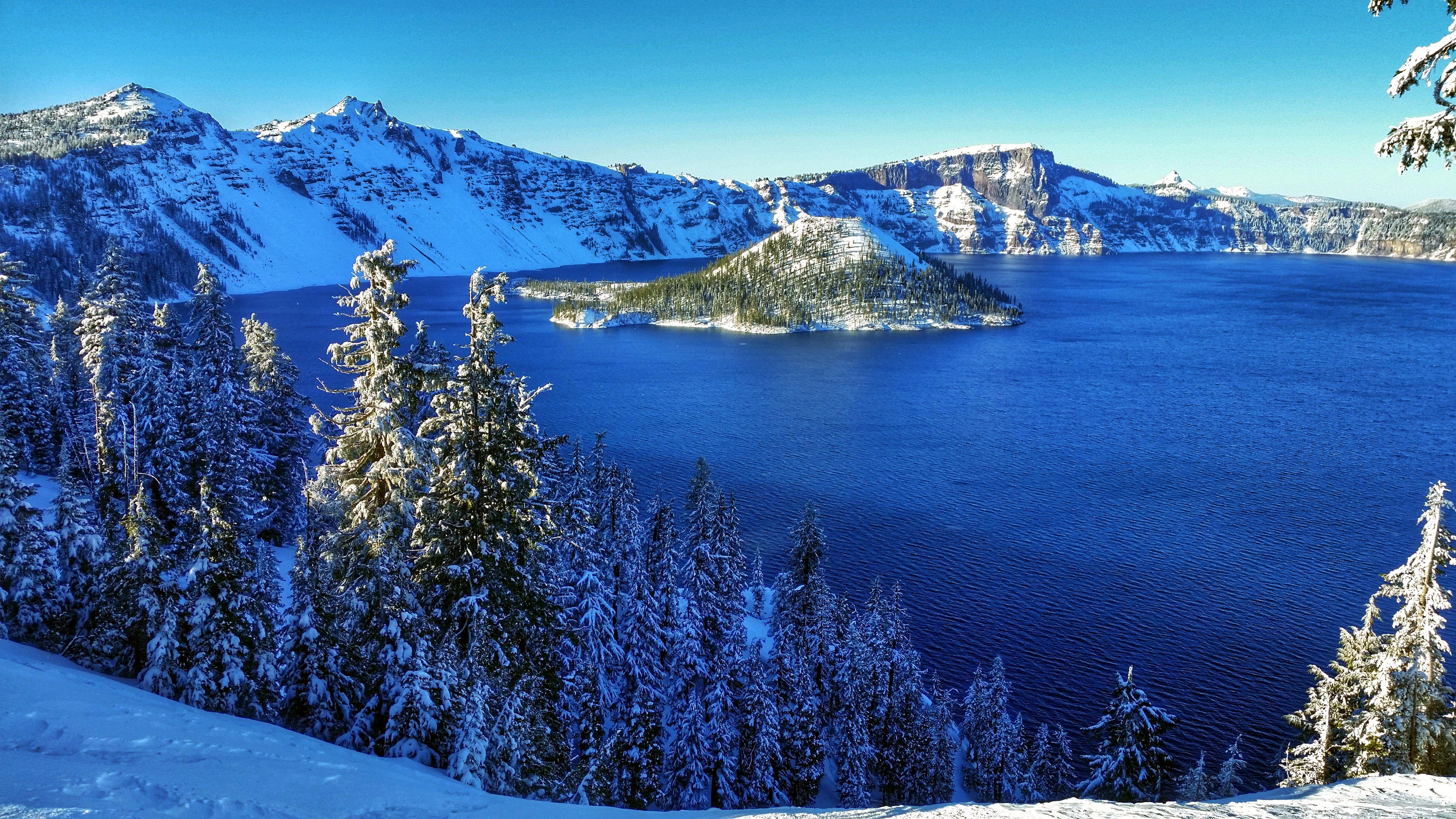 5312x2988 snow, landscape, firs, water, island wallpaper