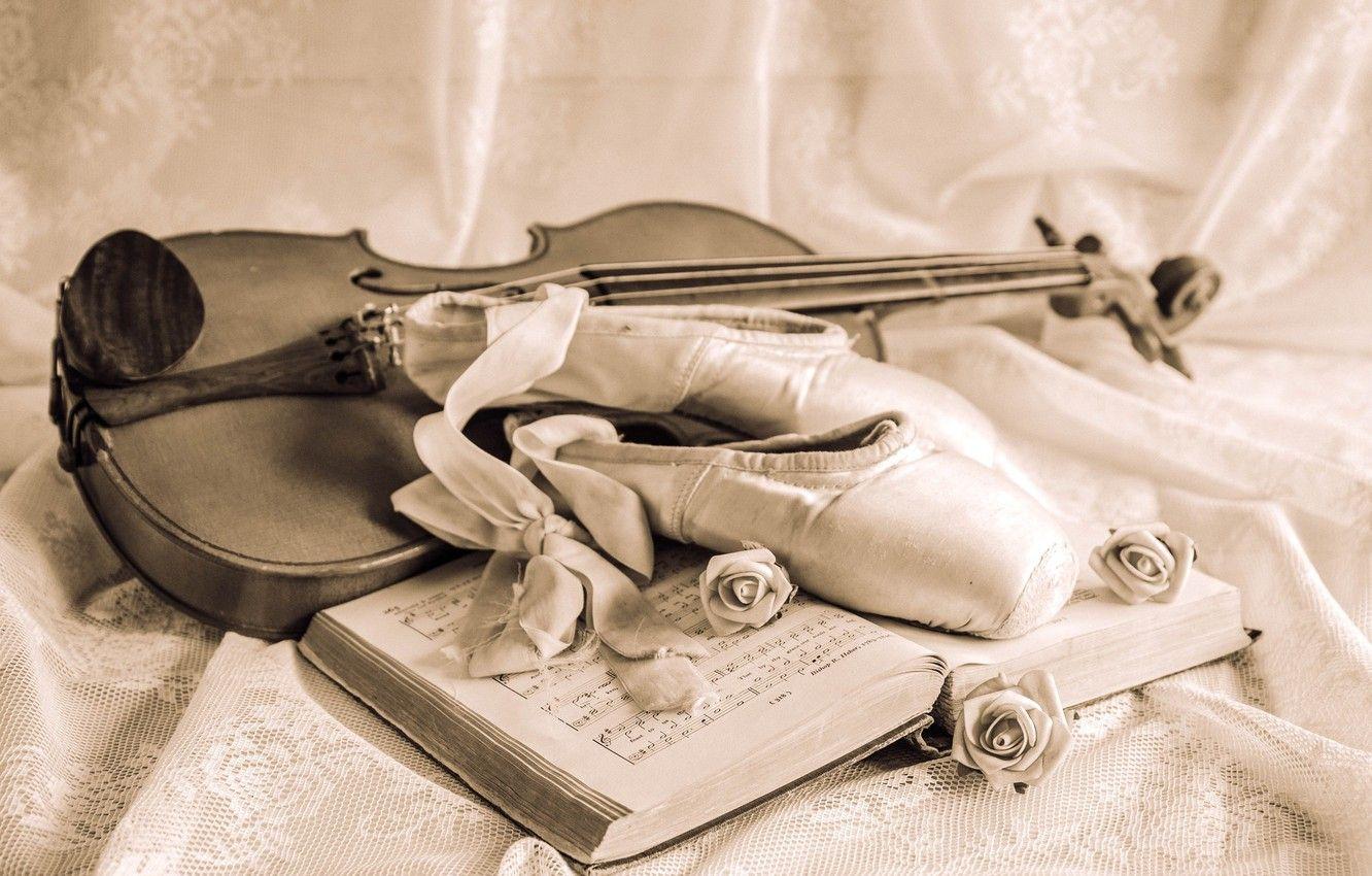 1332x850 Wallpaper notes, violin, roses, tape, still life, vintage, Pointe shoes image for desktop, section стиль
