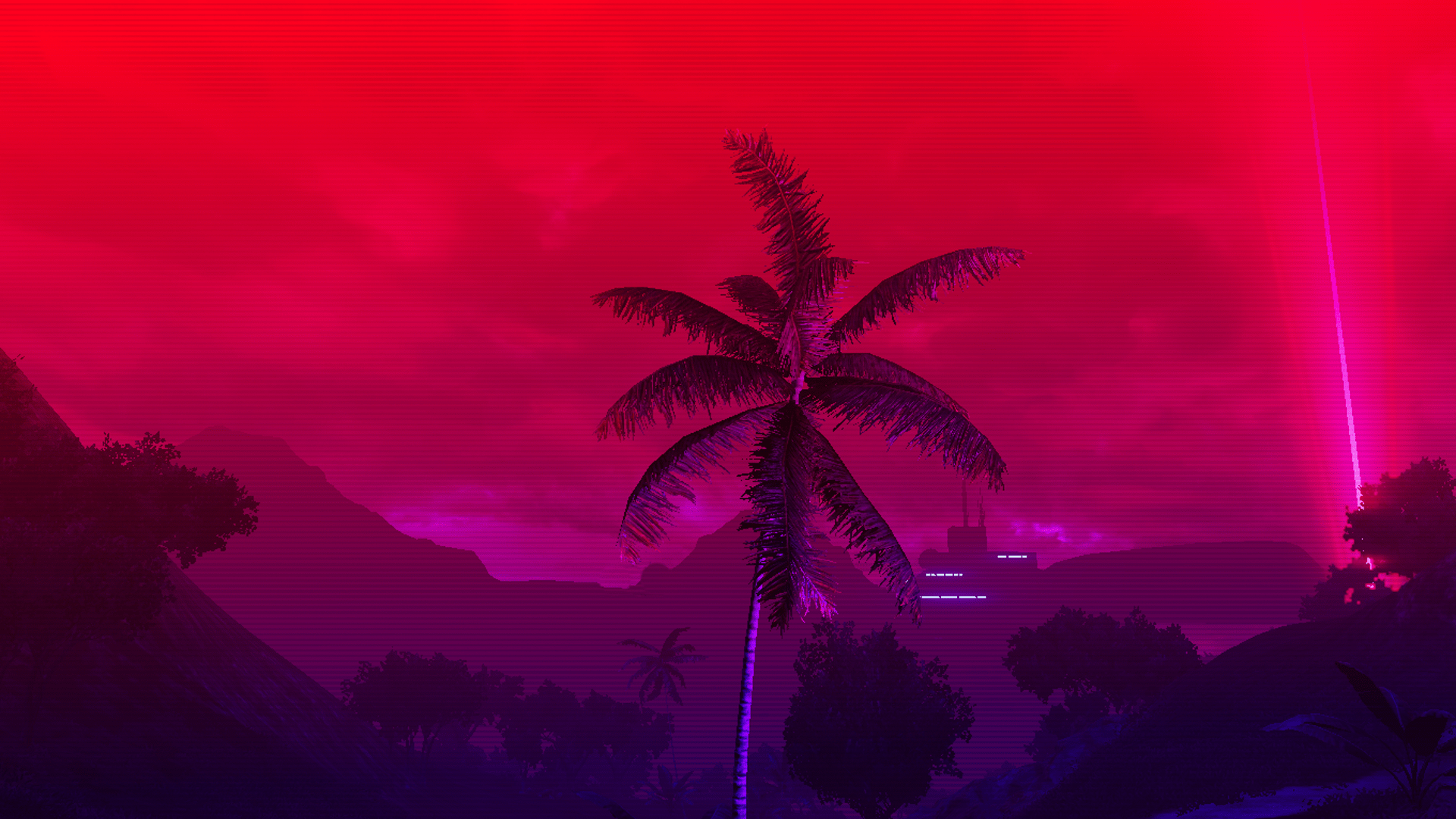 1920x1080 sunset, Far Cry 3: Blood Dragon, palm trees, neon, trees, junglex1080 Wallpaper