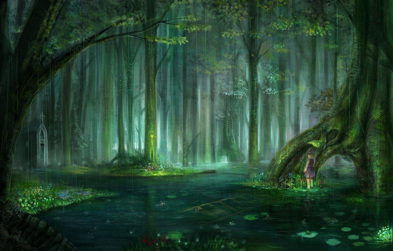 1332x850 Wallpaper forest, water, drops, rain .anime.