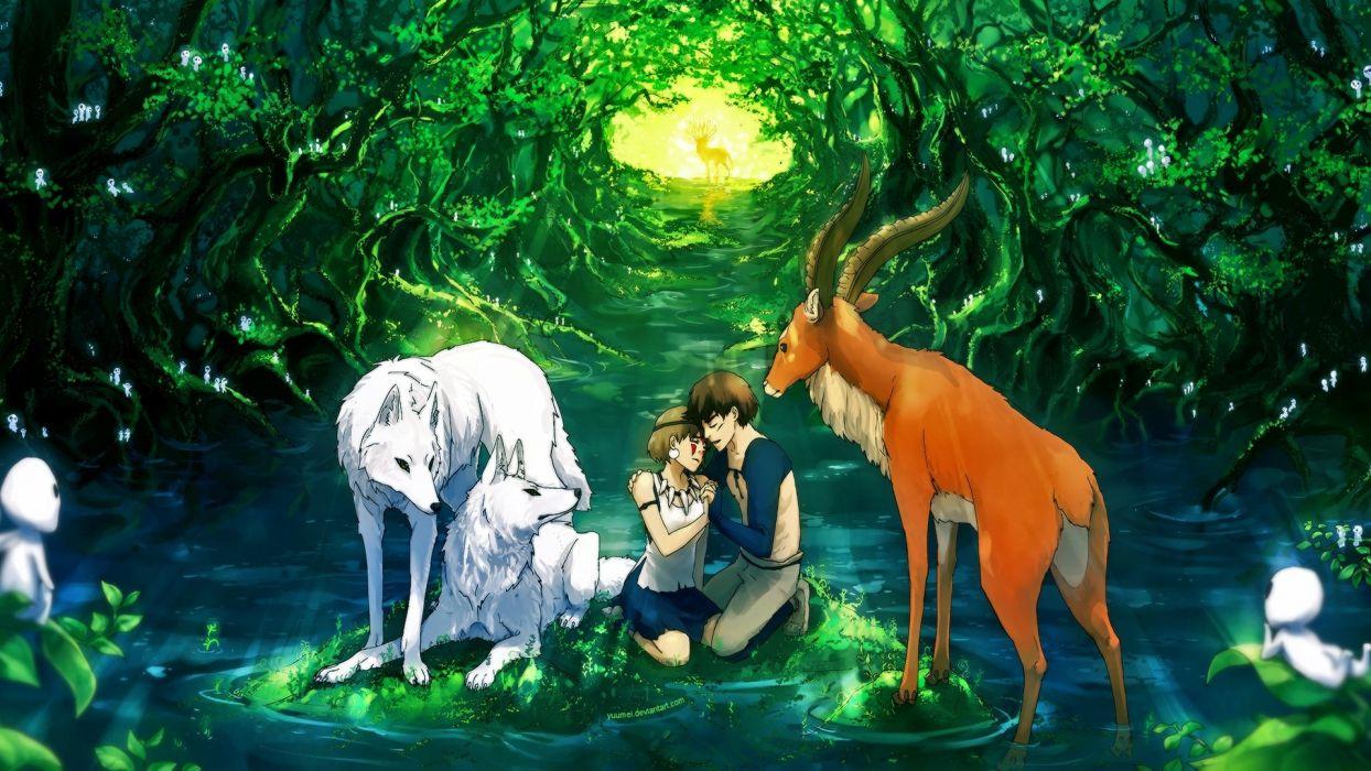 1244x700 Anime girl character beautiful animal forest deer couple wallpaperx1080