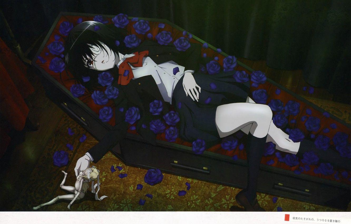 1332x850 Wallpaper roses, doll, petals, headband, Anime, knee, curtains, the coffin, bow, other, Another, Mei Misaki, Mei Misaki image for desktop, section прочее