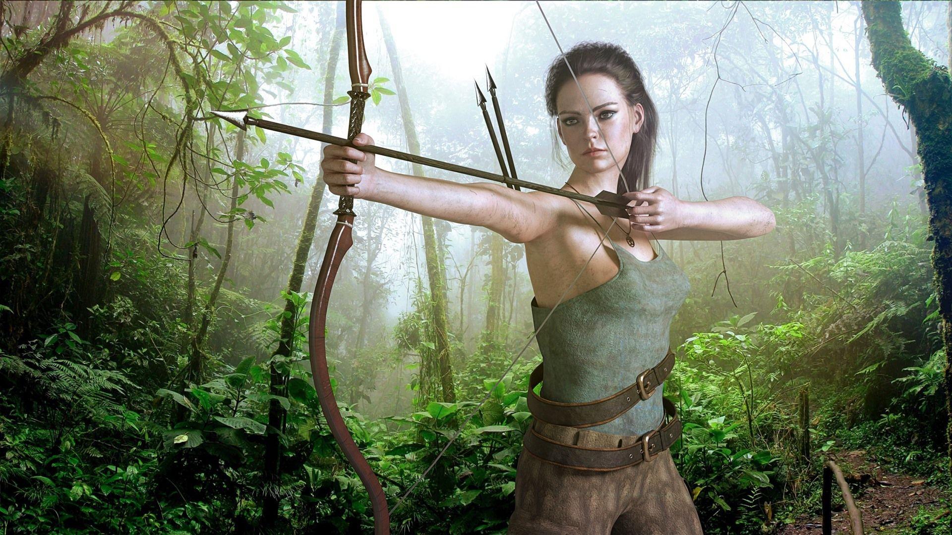 1920x1080 Wallpaper Fantasy girl, archer, bow, jungle 1920x1080 Full HD 2K Picture, Image