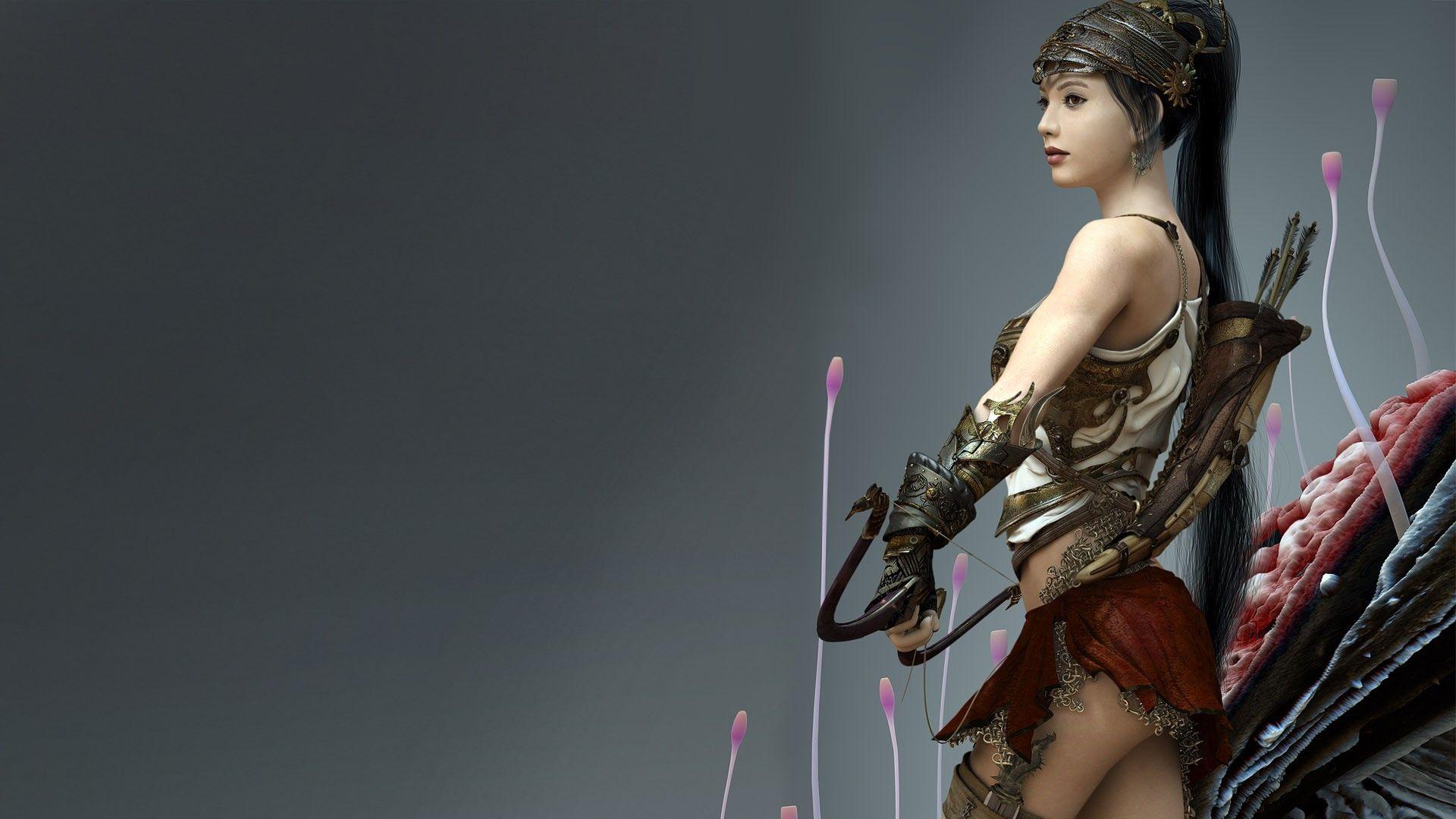 1920x1080 Download wallpaper fantasy Archer with tags: Computer, Woman, Windows, PC, Fantasy, Armor, Asian, Warrior, Lock screen, Archer