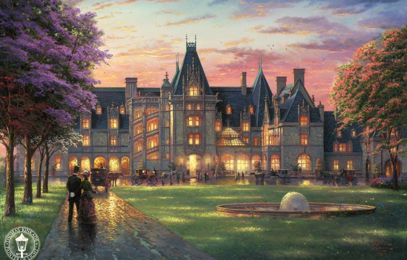 1332x850 Wallpaper castle, garden, painting, mansion, Palace, retro, Thomas Kinkade, painting, Thomas Kinkade, Elegant Evening at Biltmore, North Carolina, English style, garden in the French manner, Biltmore image for desktop, section живопись