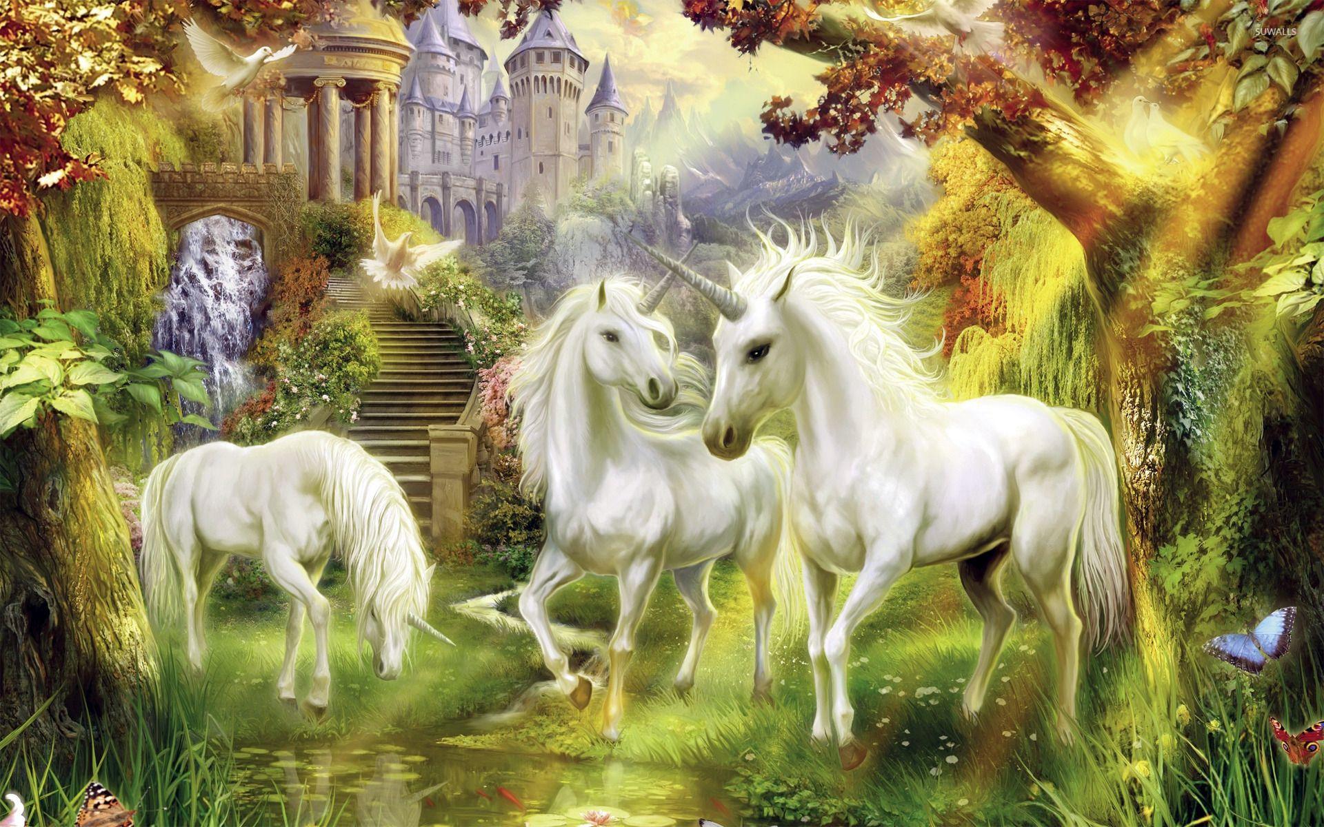 1920x1200 Unicorns in the castle garden wallpaper wallpaper