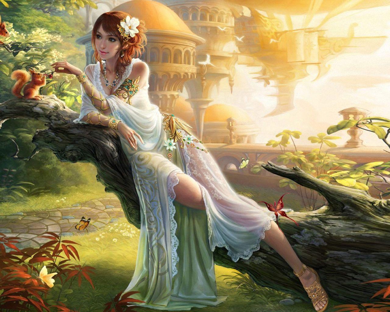 1280x1024 Beautiful girl Princess in beautiful white dress flower in the hair castle garden art Fantasy Wallpaper HD 1920x1200 :