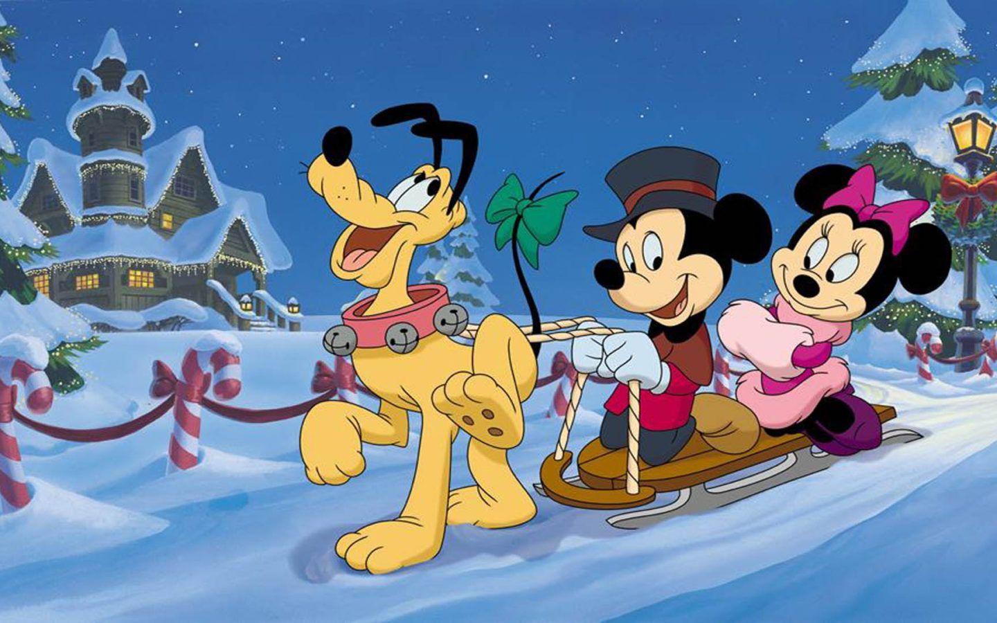 1440x900 Winter Sledding With Pluto Mickey And Minnie Mouse Cartoons Christmas Wallpaper HD 1920x1080 :