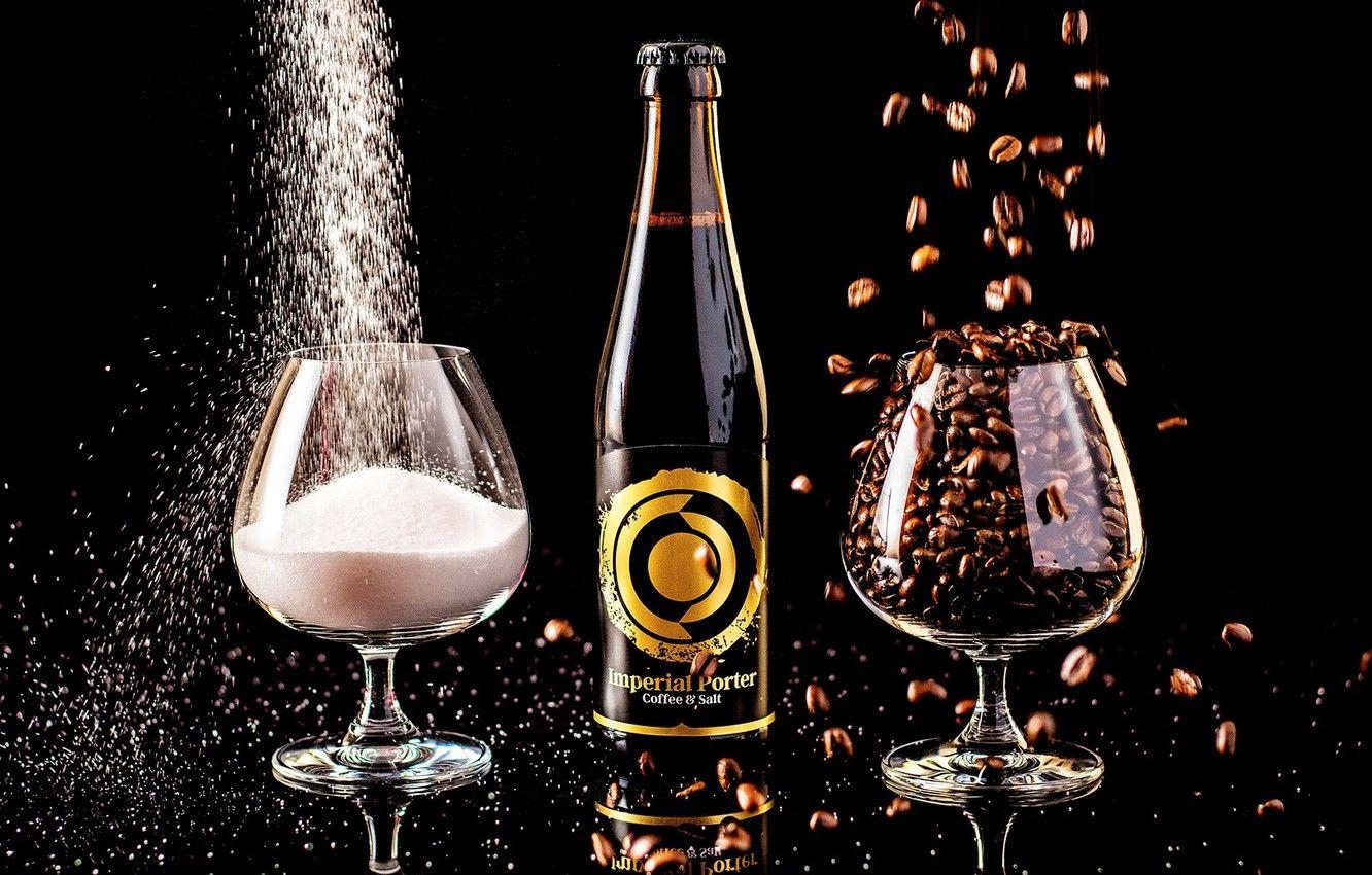 1332x850 Wallpaper beer, glasses, sugar, black background, coffee beans, beverage image for desktop, section еда