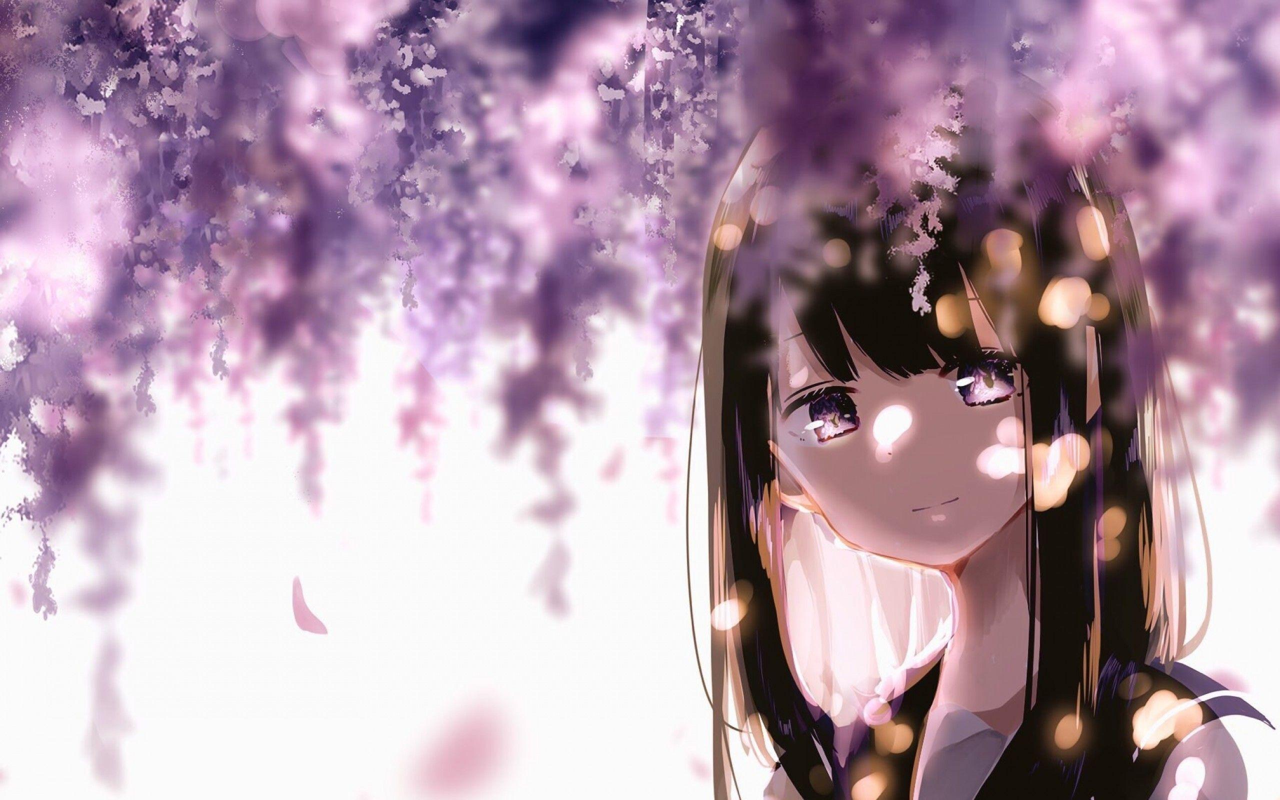 2560x1600 Download 2560x1600 Anime Girl, Black Hair, Cherry Blossom Wallpaper for MacBook Pro 13 inch