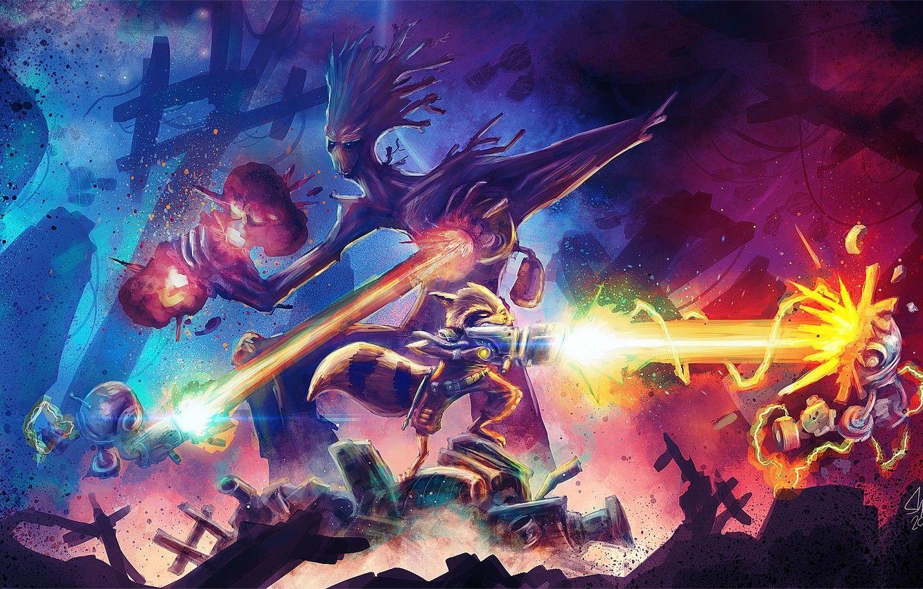 1332x850 Wallpaper battle, shots, Rocket, Groot, Guardians of the galaxy image for desktop, section фантастика