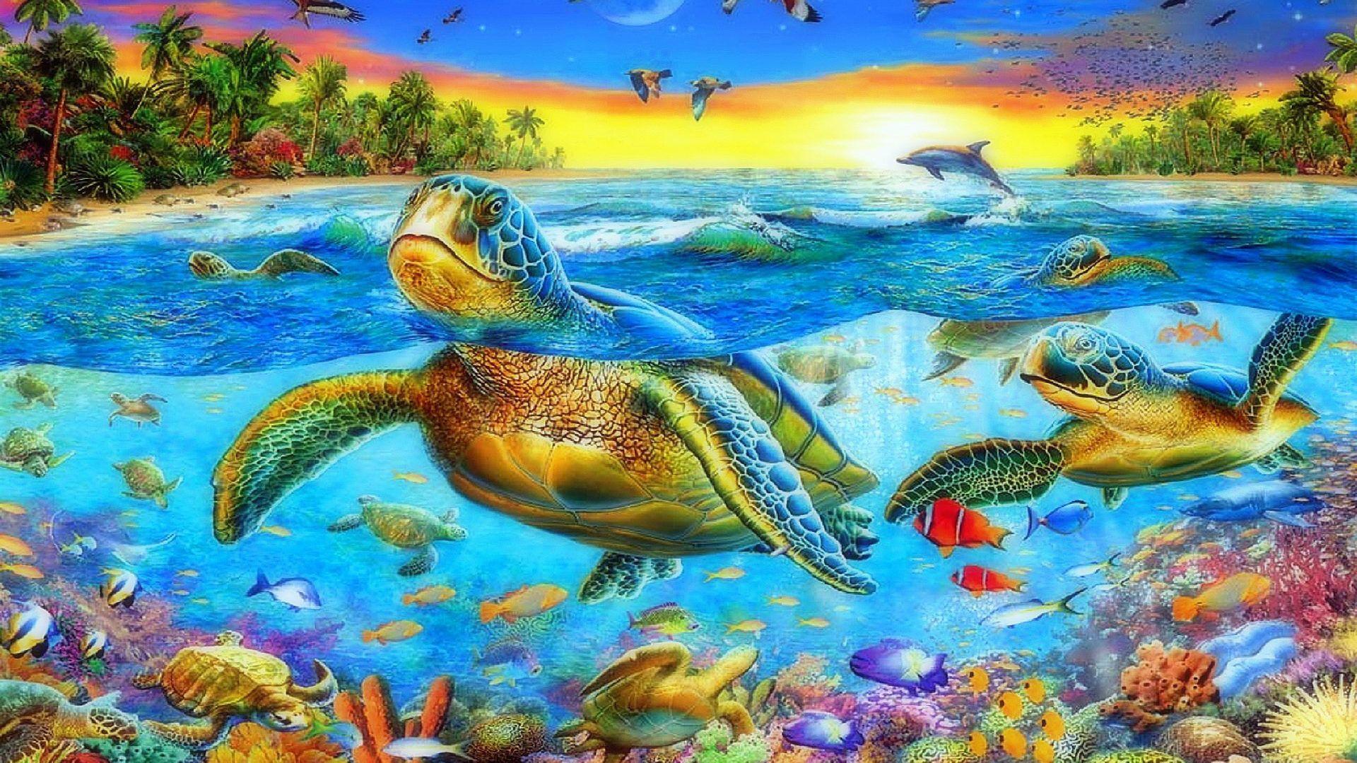 1920x1080 Sea Ocean Sea Turtles Swimming Corals Exotic Colorful Fish Underwater World Tropical Landscape Art HD Wallpaper For Mobile Phones Tablet And Lapx1200 :