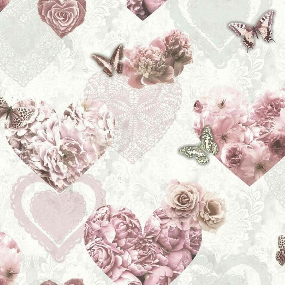 1000x1000 Arthouse Floral Glitter Wallpaper Butterfly Love Hearts Girls Bedroom Pink White 692802