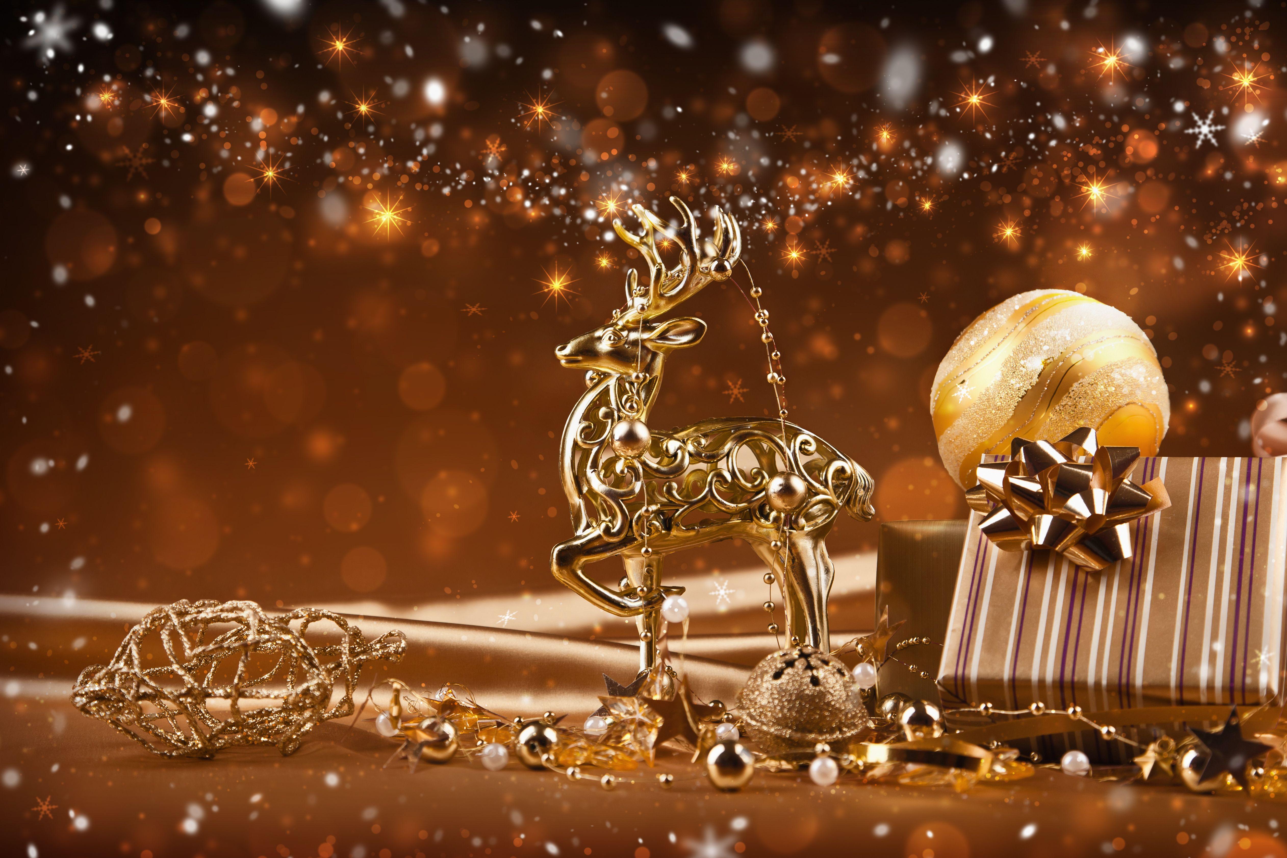 5047x3365 Reindeer new year ornaments golden christmas lights decoration wallpaperx3365