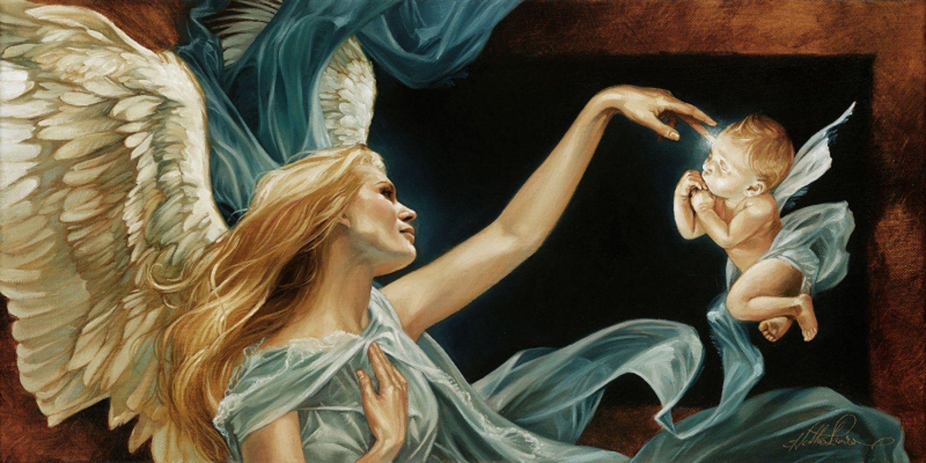 1800x900 Fantasy angel baby wings blonde long hair mom children wallpaperx900