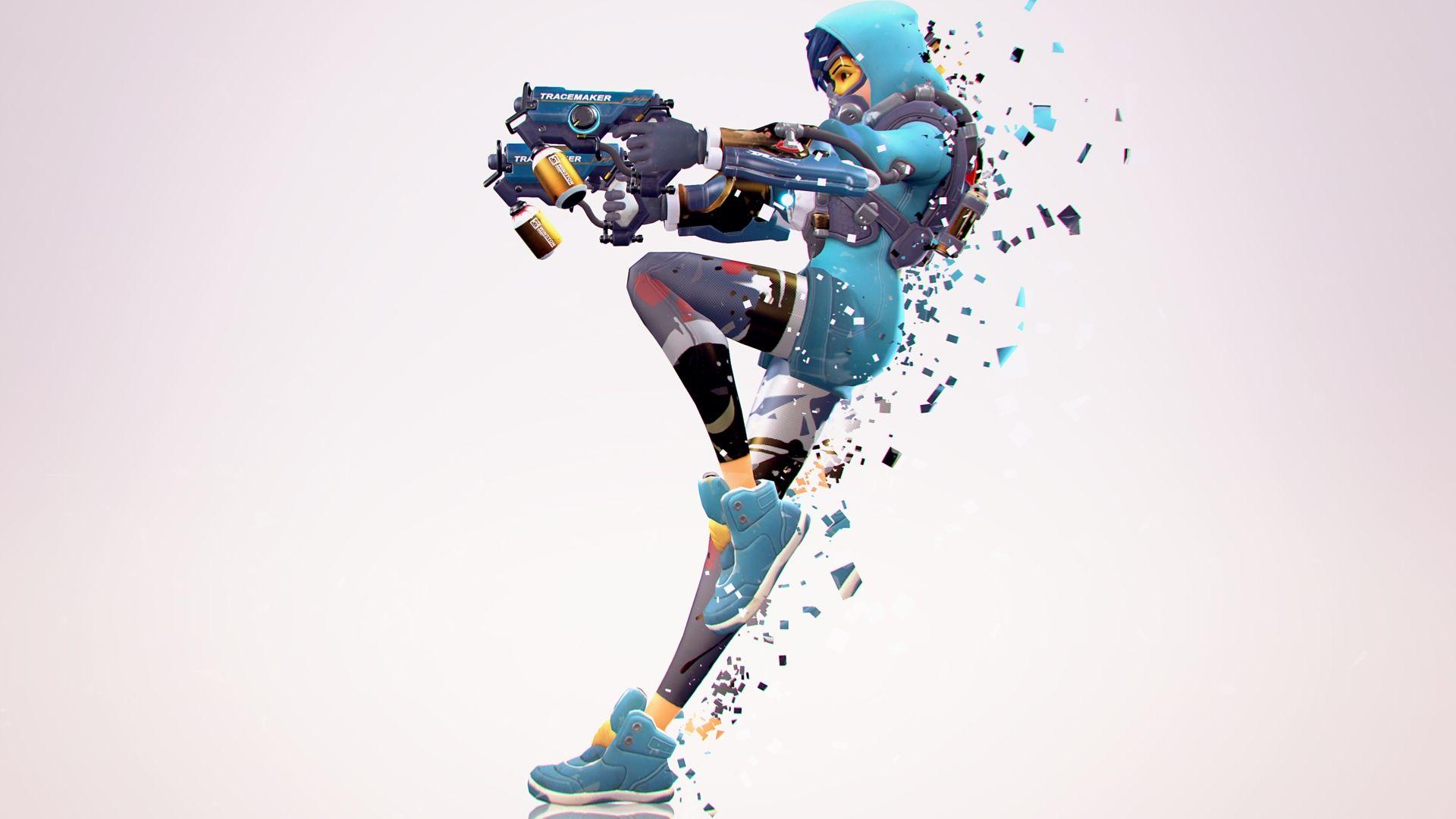1920x1080 Overwatch, Video games, Tracer (Overwatch), White background, Dispersion, Simple background, Digital art Wallpaper HD / Desktop and Mobile Background