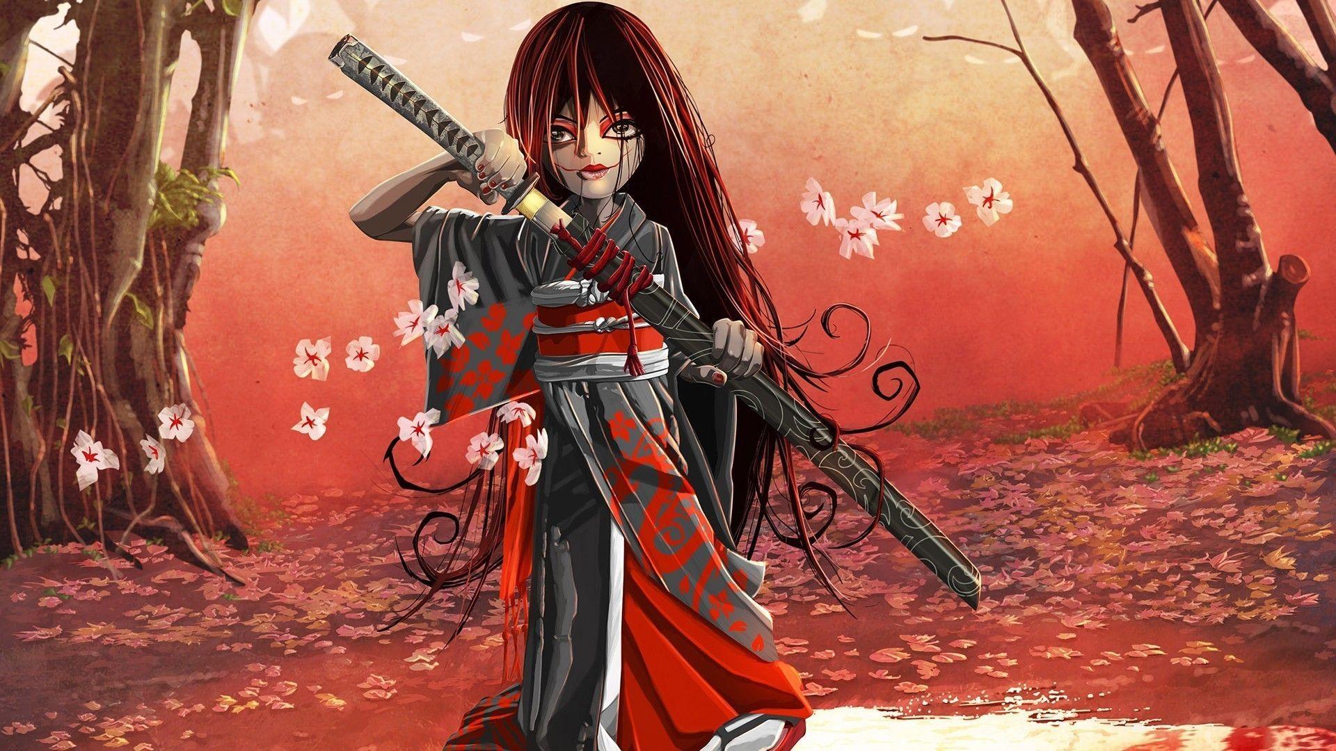 1920x1080 Anime Girl Samurai Red HD Wallpaper