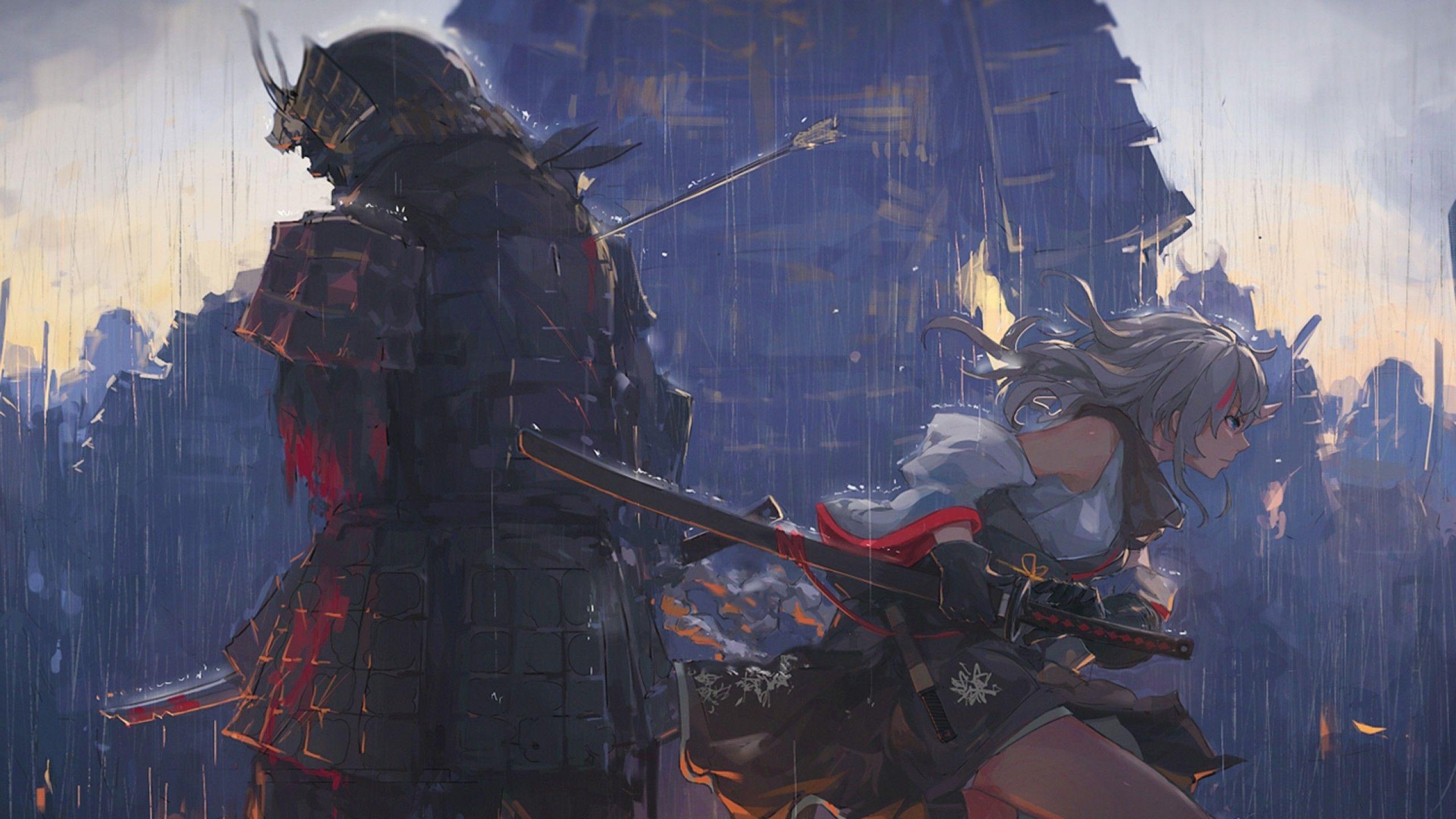 2560x1440 Download 2560x1440 Anime Girl, Samurai, Battle, Sword, Raining, Artwork Wallpaper for iMac 27 inch