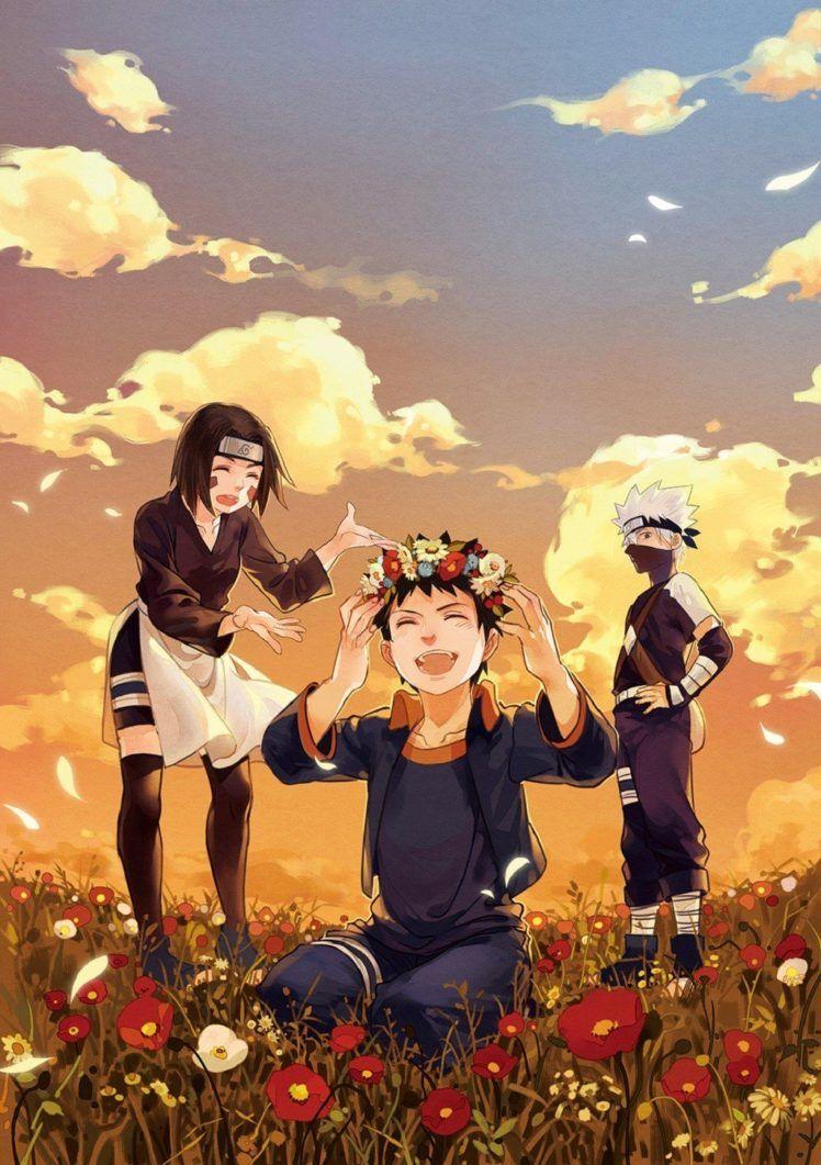 748x1061 artwork, Nohara Rin, Hatake Kakashi, Uchiha Obito, Flowers, Anime, Naruto Shippuuden Wallpaper HD / Desktop and Mobile Background