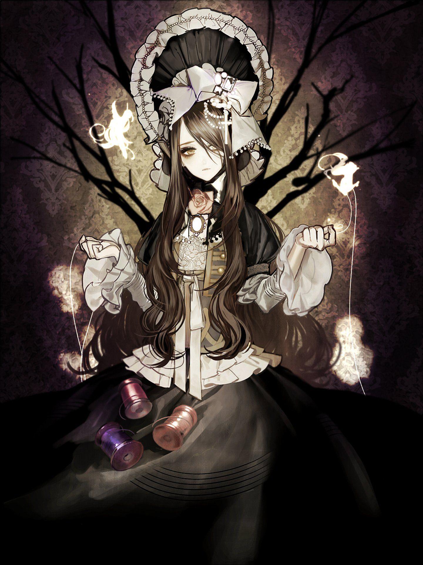 1440x1920 Anime girl brown eyes brown hair fairy flower headdress long hair ribbon sad tree wallpaperx1920