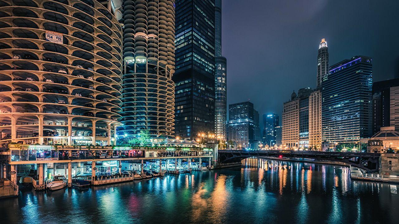 1280x719 Picture Chicago city USA Bridges Berth Rivers night time Skyscrapers