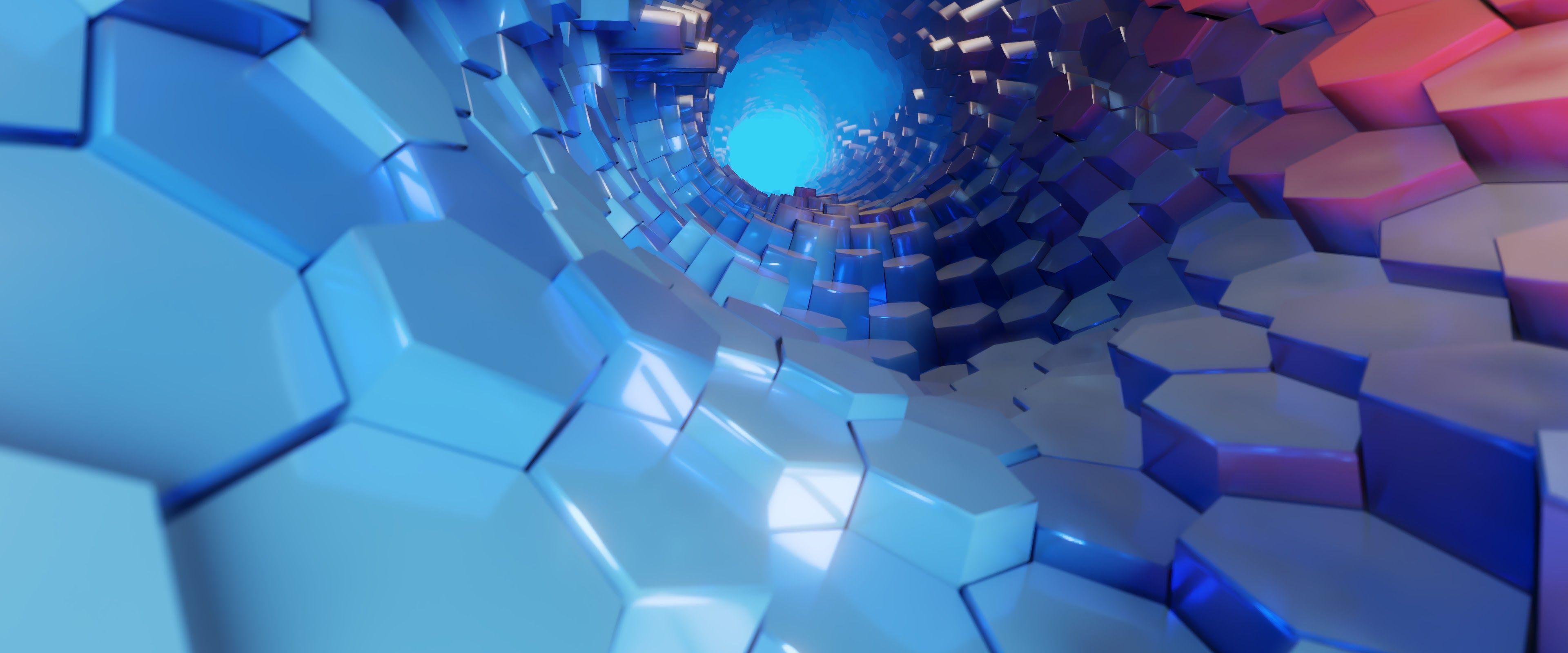 3840x1600 Hexagon, 3D, Blue, Abstract, 4k, HD Wallpaper