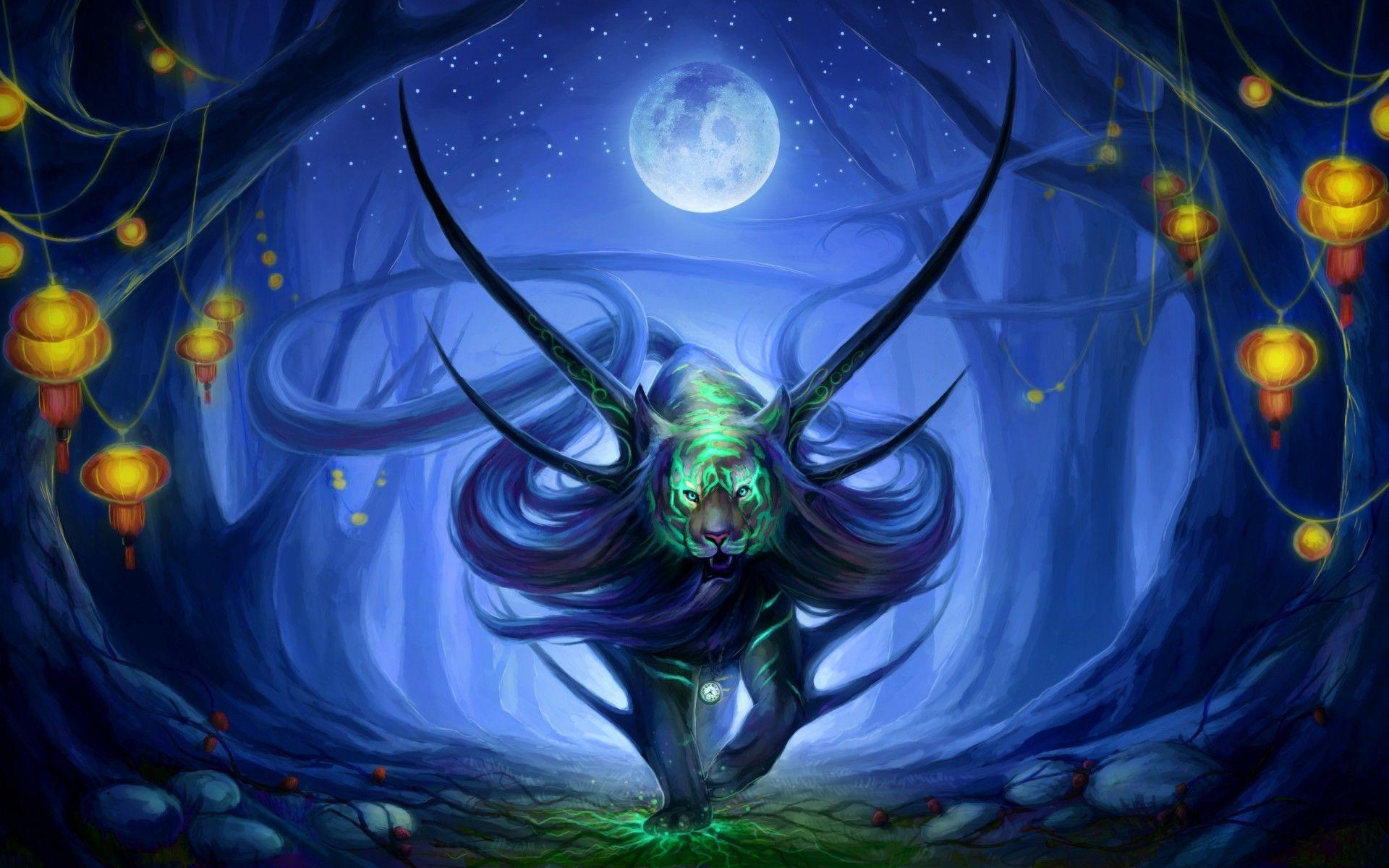 1920x1200 Download 1920x1200 Fantasy Creature, Walking, Magic, Moon, Tiger Wallpaper for MacBook Pro 17 inch
