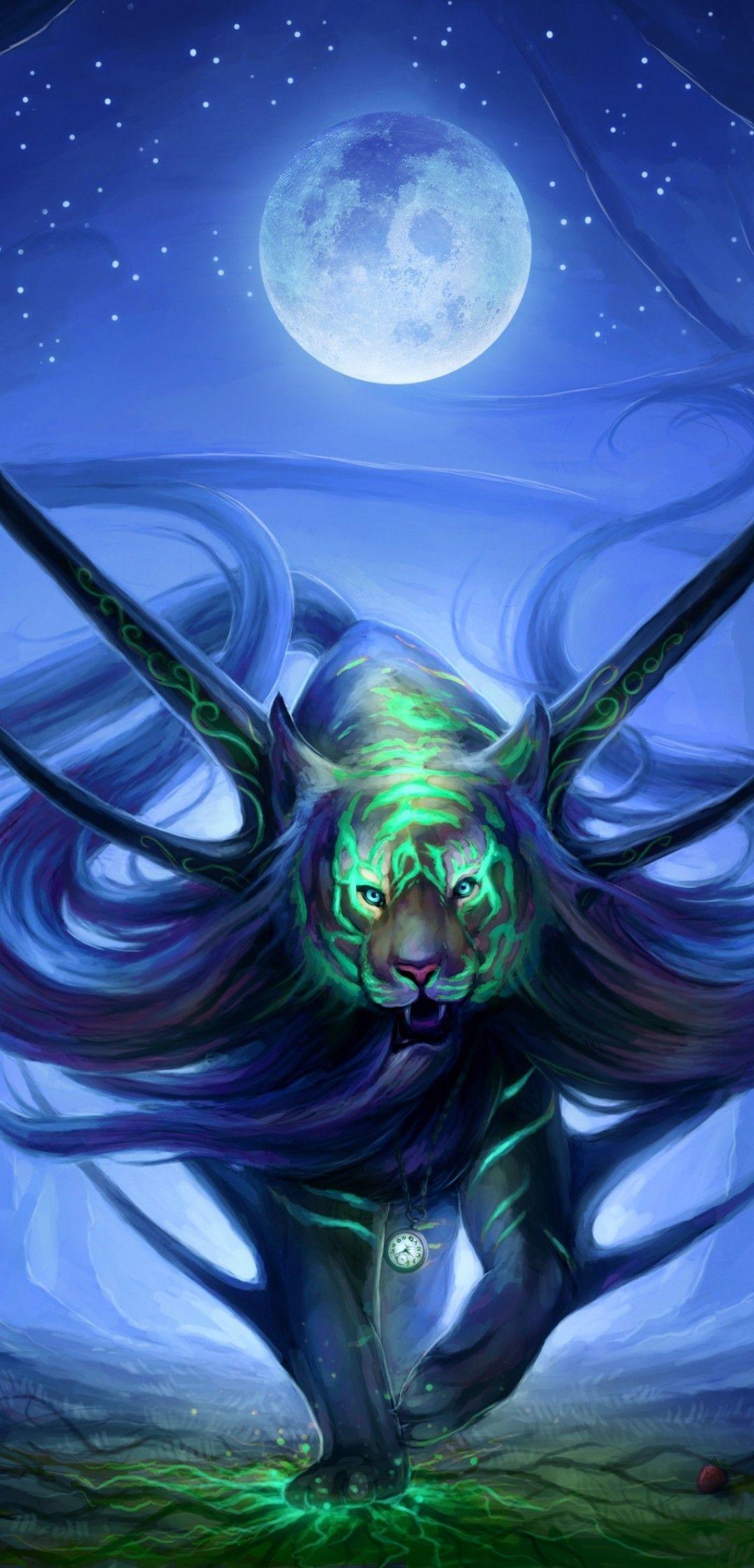 1080x2246 Download 1080x2246 Fantasy Creature, Walking, Magic, Moon, Tiger Wallpaper for Xiaomi Pocophone F Asus ZenFone 5Z