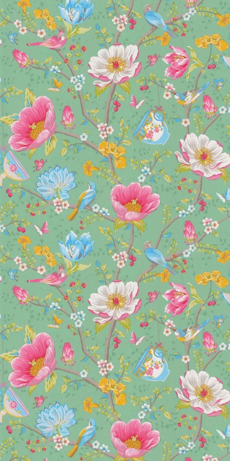 735x1470 This wallpaper design is the beautiful Chinese Garden by Pip Studio and features birds, butterflies and. Peinture sur papier peint, Peinture fleurs, Papier peint