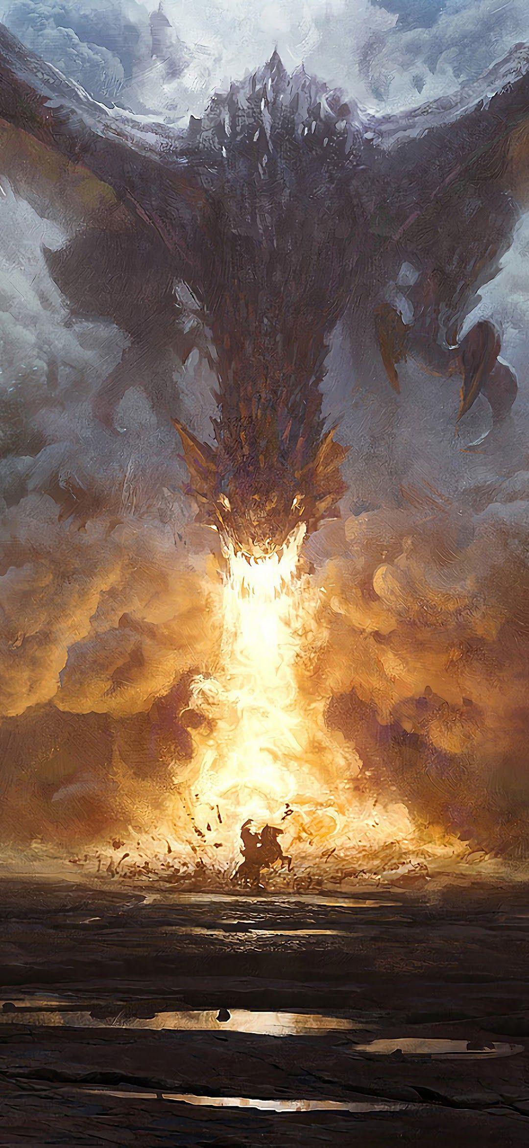 1080x2340 Dragon Fire Breath Fantasy Art 4K Wallpaper