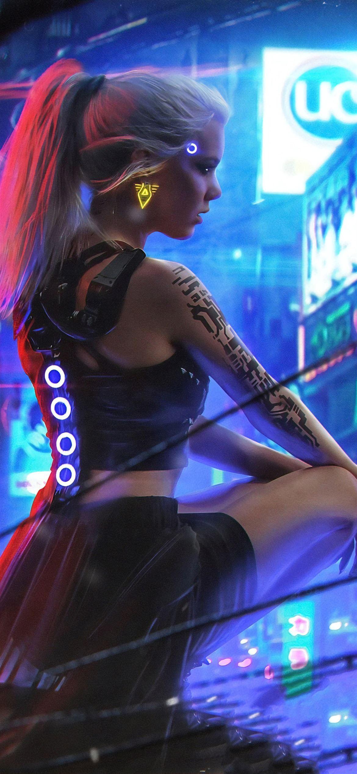 1170x2532 cyberpunk neon girl 4k iPhone 12 Wallpaper Free Download