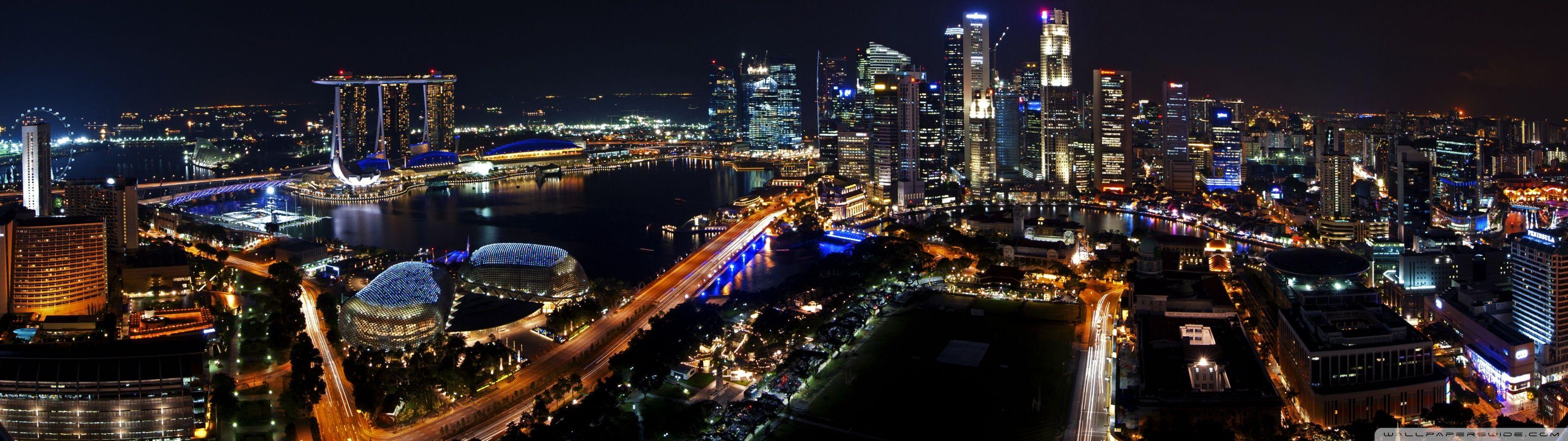 3200x900 Singapore Night Panorama ❤ 4K HD Desktop Wallpaper for • Dual