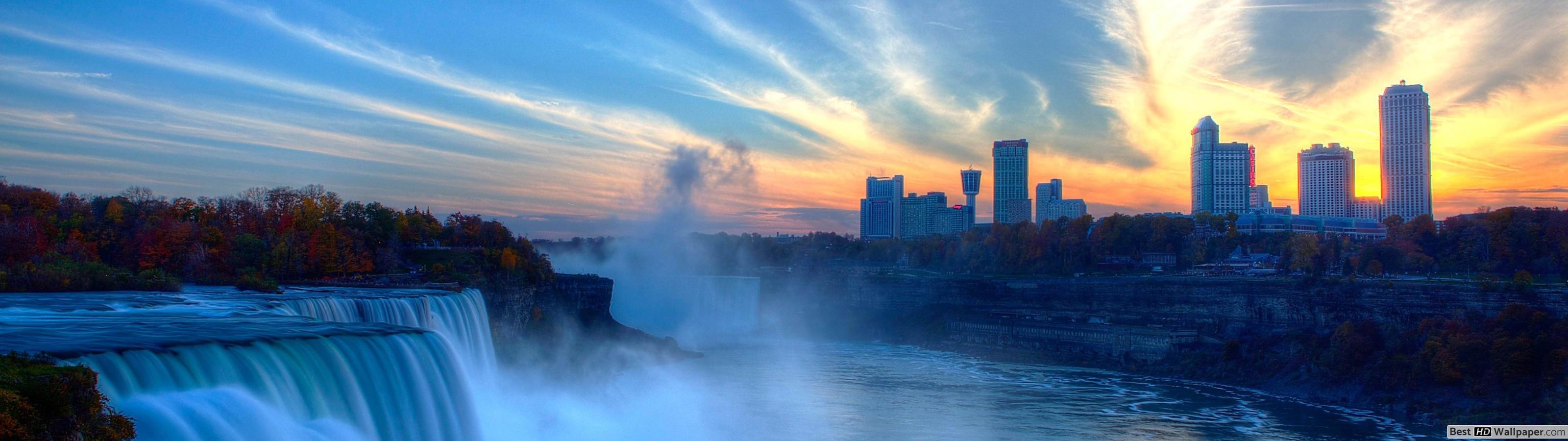3200x900 Niagara falls sunset HD wallpaper download