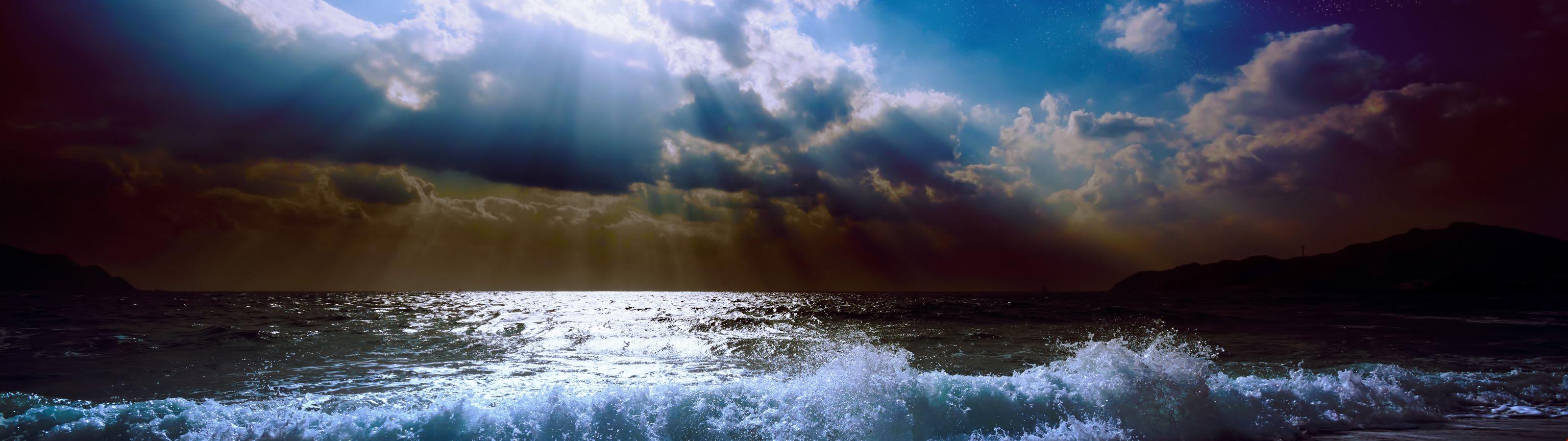 3200x900 7k Sea, 5k, 4k wallpaper, 8k, moon, clouds, sky. HD