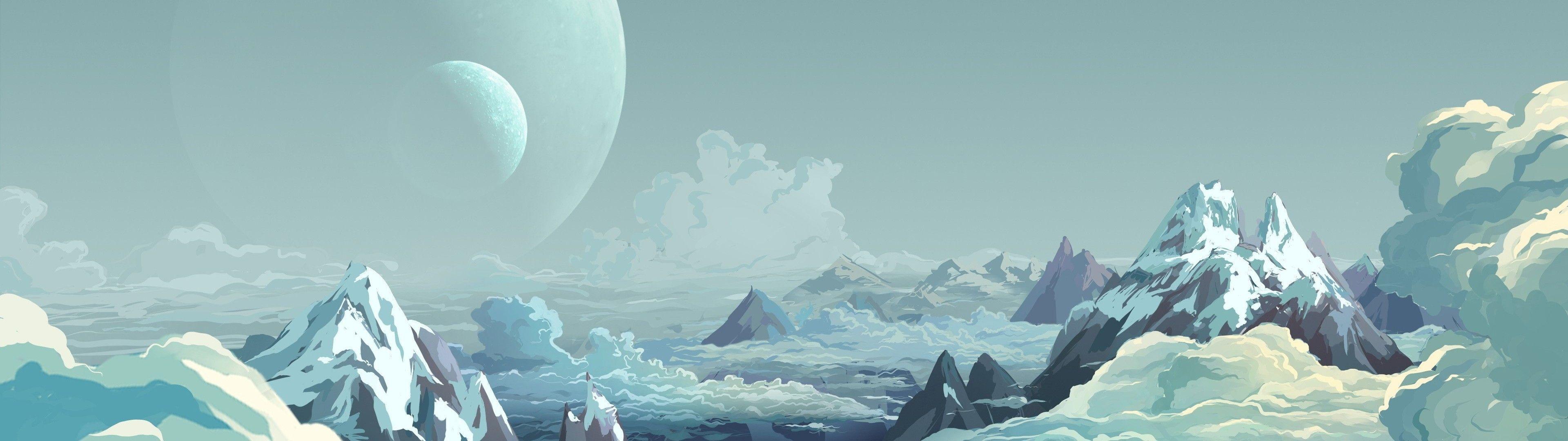 3840x1080 Download 3840x1080 Dual Monitor Landscape, Planet Surface, Mountains, Flat Landscape, Clouds Wallpaper
