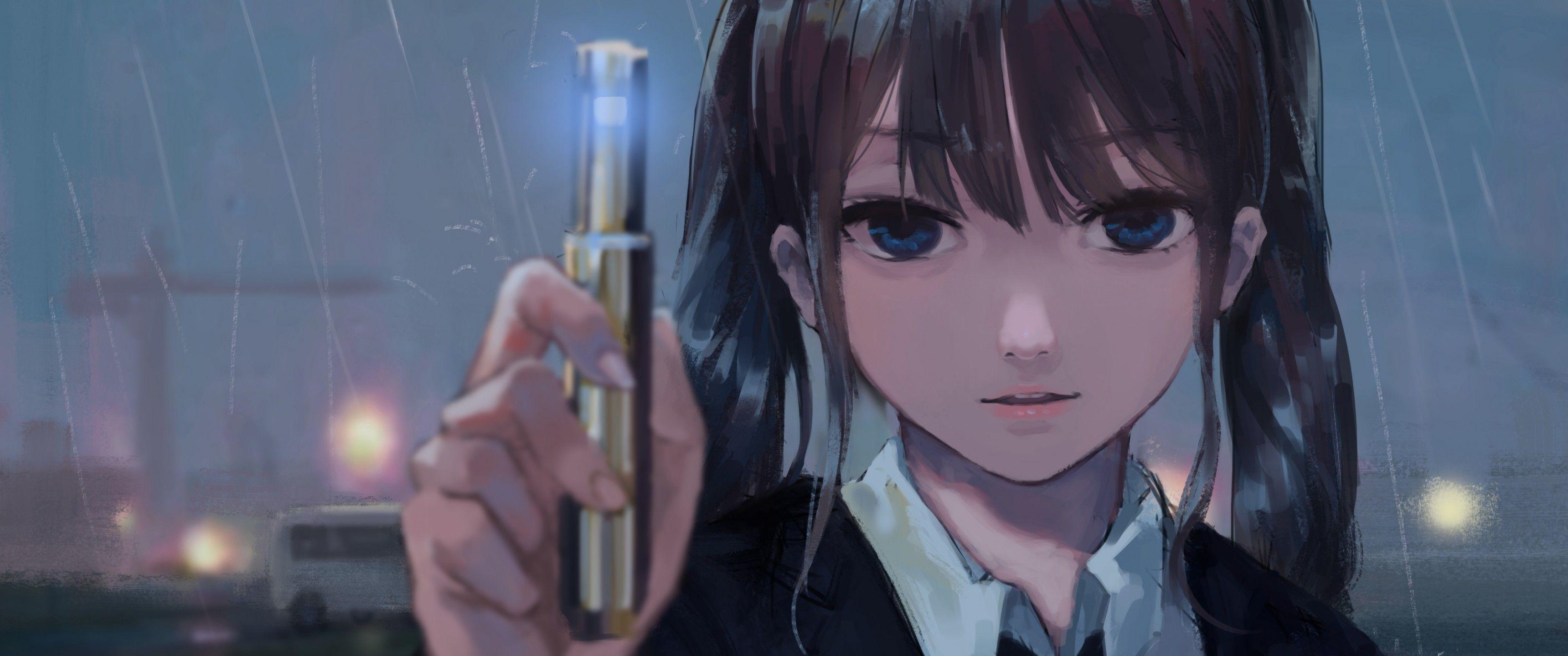 3440x1440 Download 3440x1440 Man In Black, Anime Girl Style, Raining, Memory Wallpaper