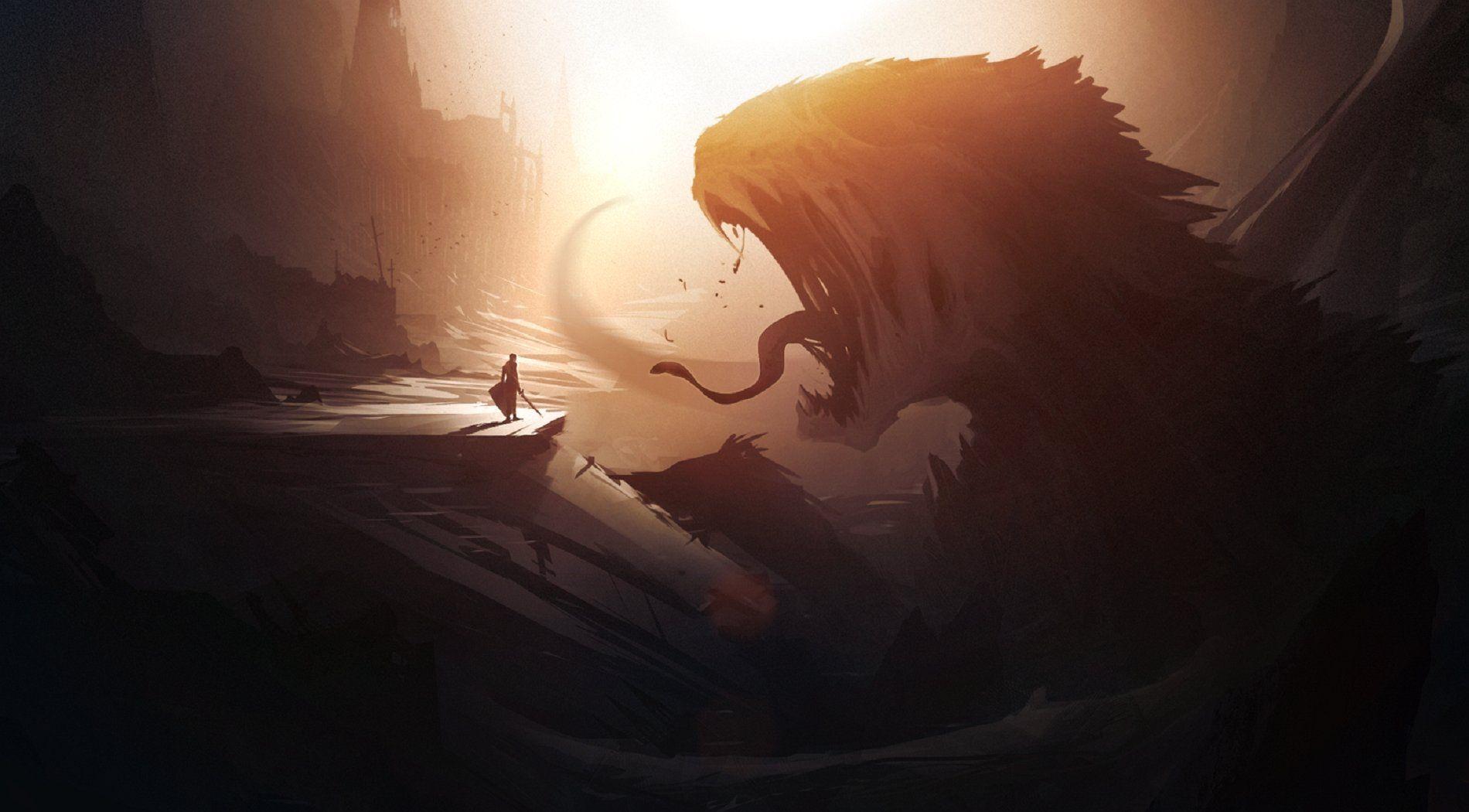 1900x1050 Wallpaper Man And Giant Creature x 1050 Fairy