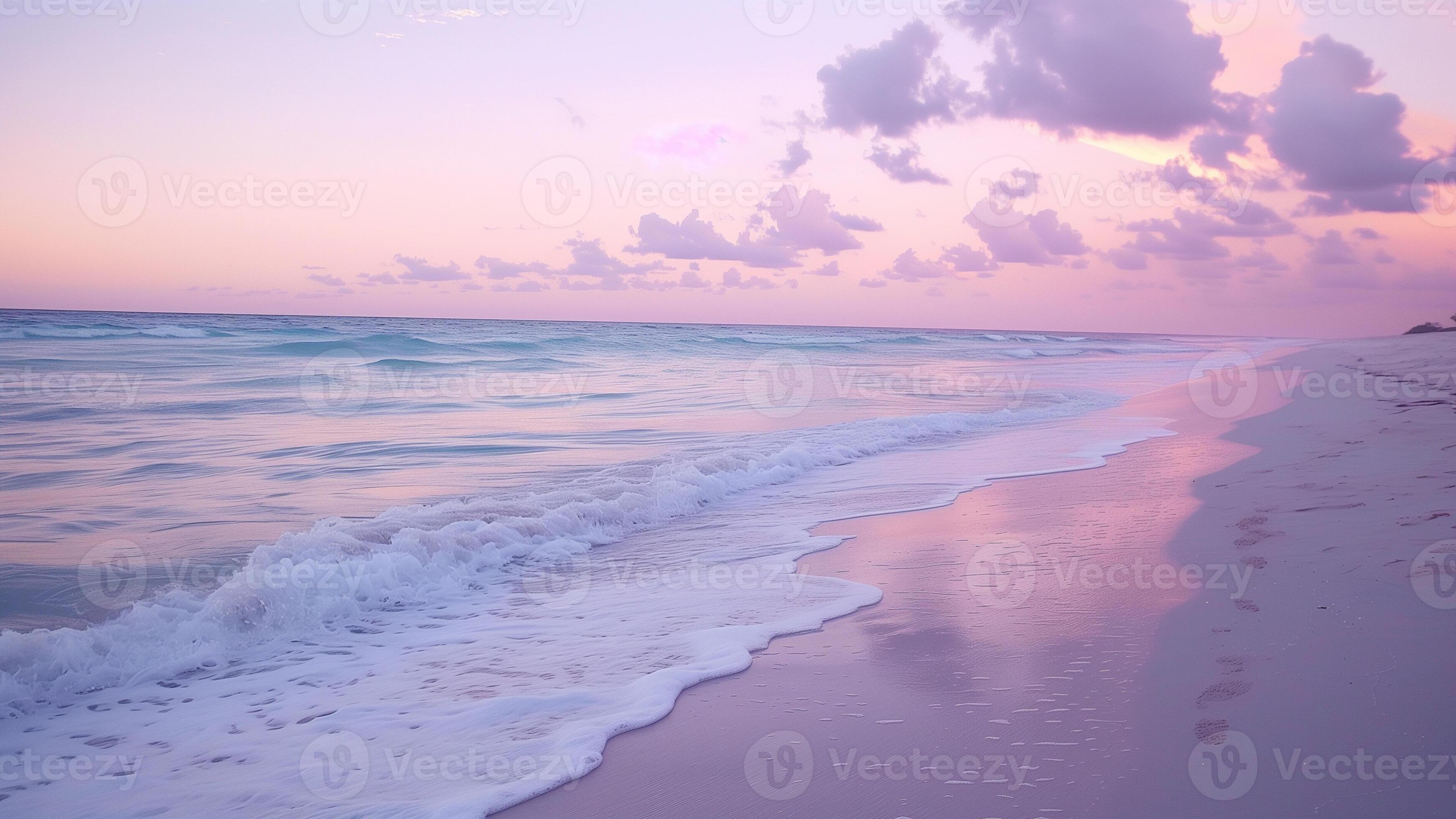 3484x1960 Beautiful sunset on the beach with pink sky and sea wave in the foreground