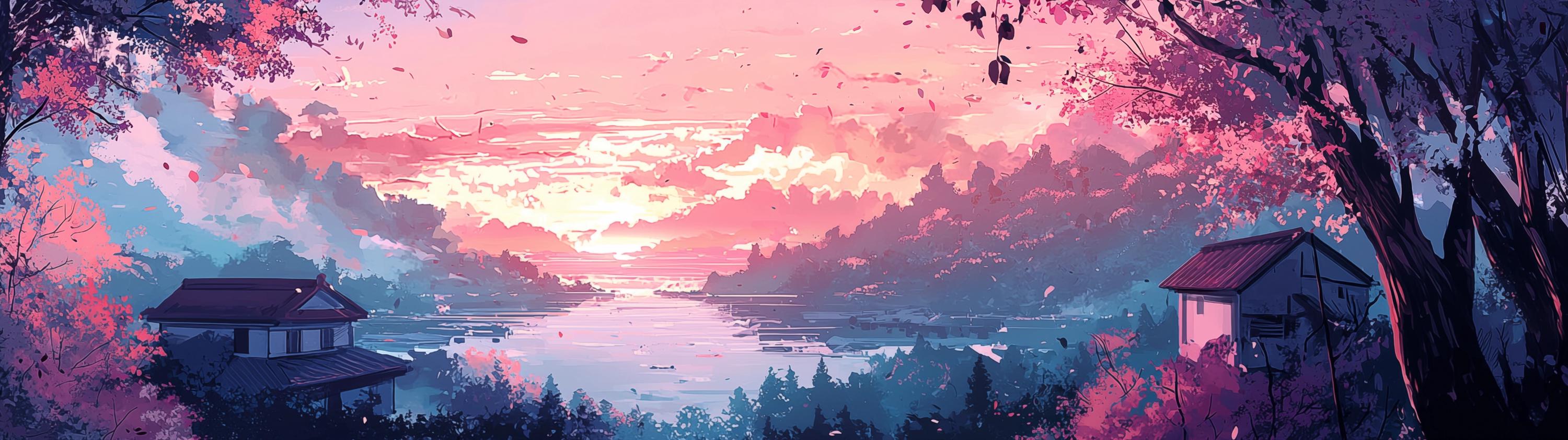 3000x843 Cozy Anime Town Dual Monitor Wallpaper
